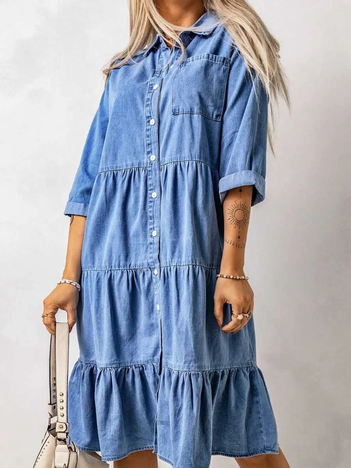 Full Size Ruffled Hem Button Up Denim Midi Dress Plus Size - MAD RUFFI