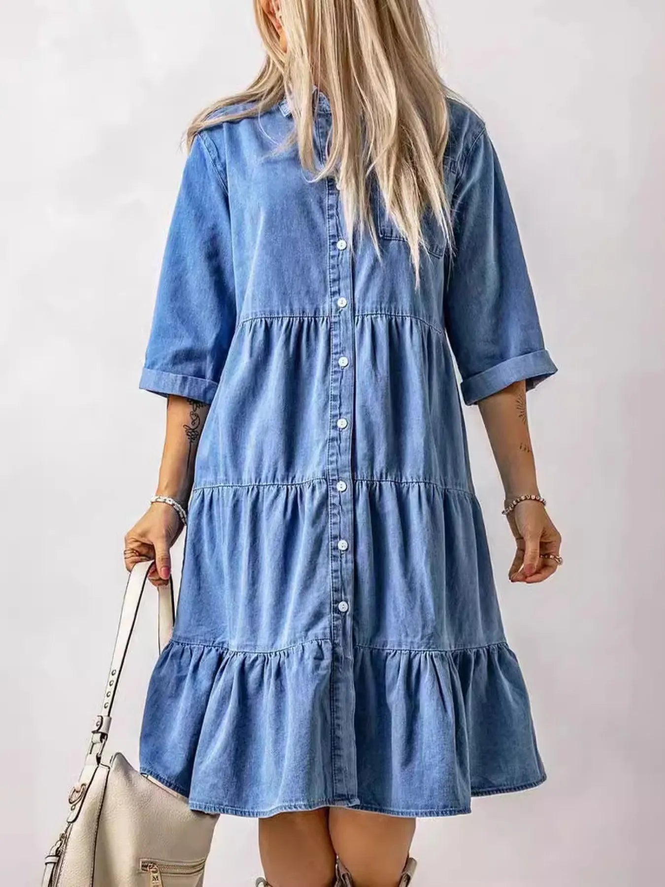 Full Size Ruffled Hem Button Up Denim Midi Dress Plus Size - MAD RUFFI
