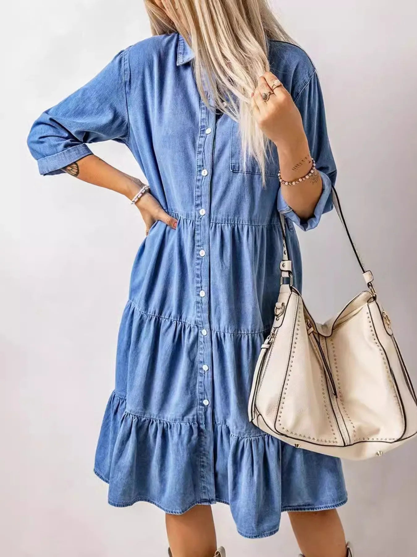Full Size Ruffled Hem Button Up Denim Midi Dress Plus Size - MAD RUFFI