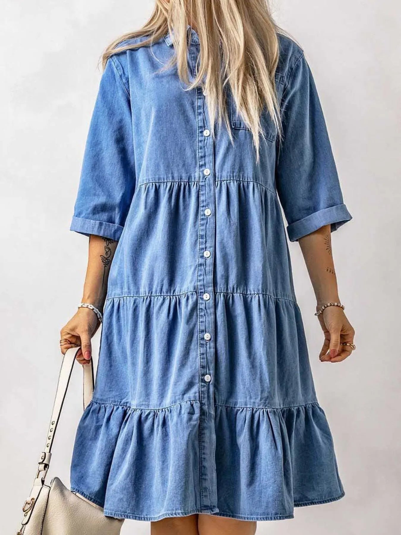Full Size Ruffled Hem Button Up Denim Midi Dress Plus Size - MAD RUFFI