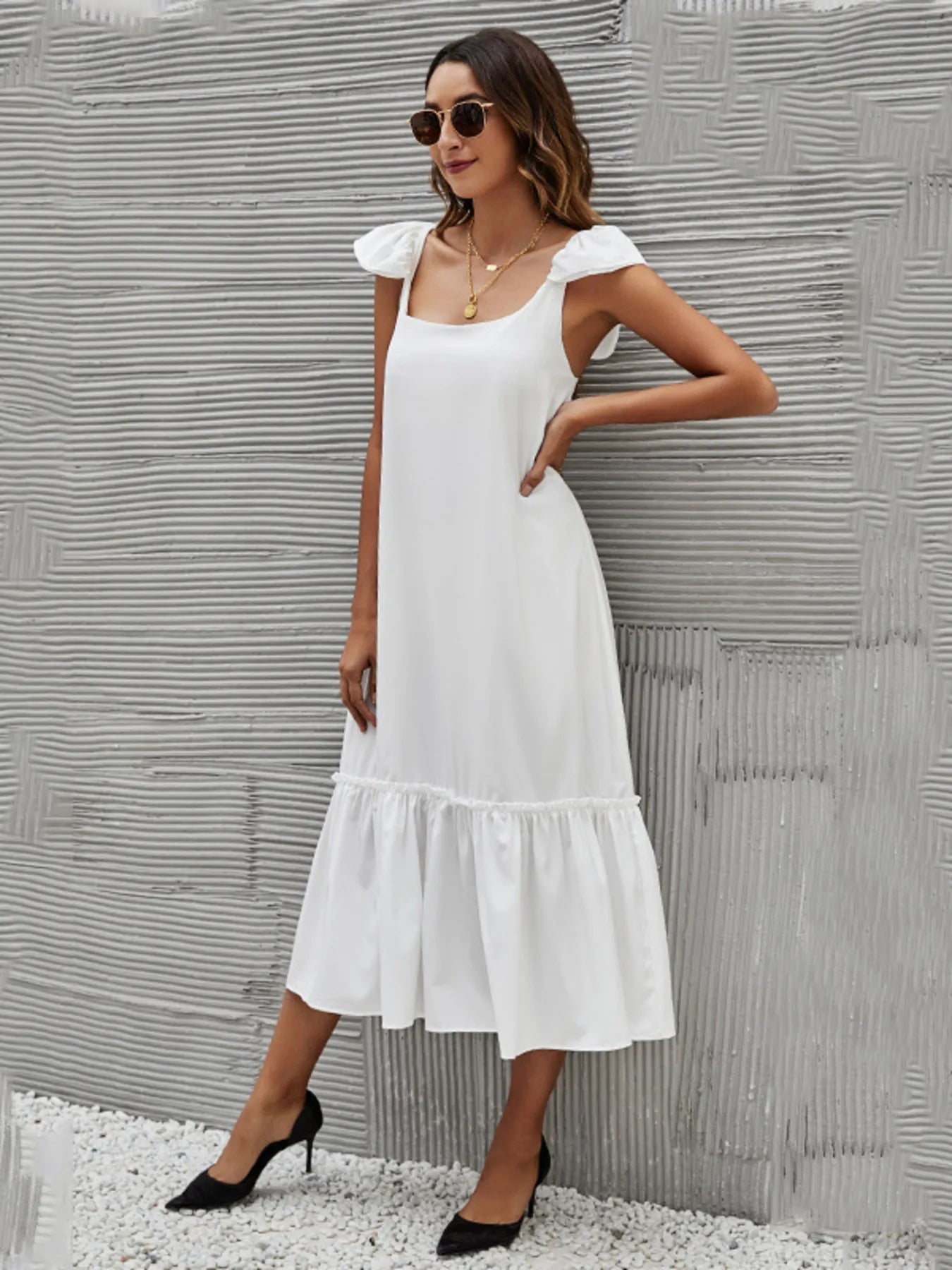 Full Size Ruffled Hem Midi Dress with Cap Sleeves Plus Size - MAD RUFFI
