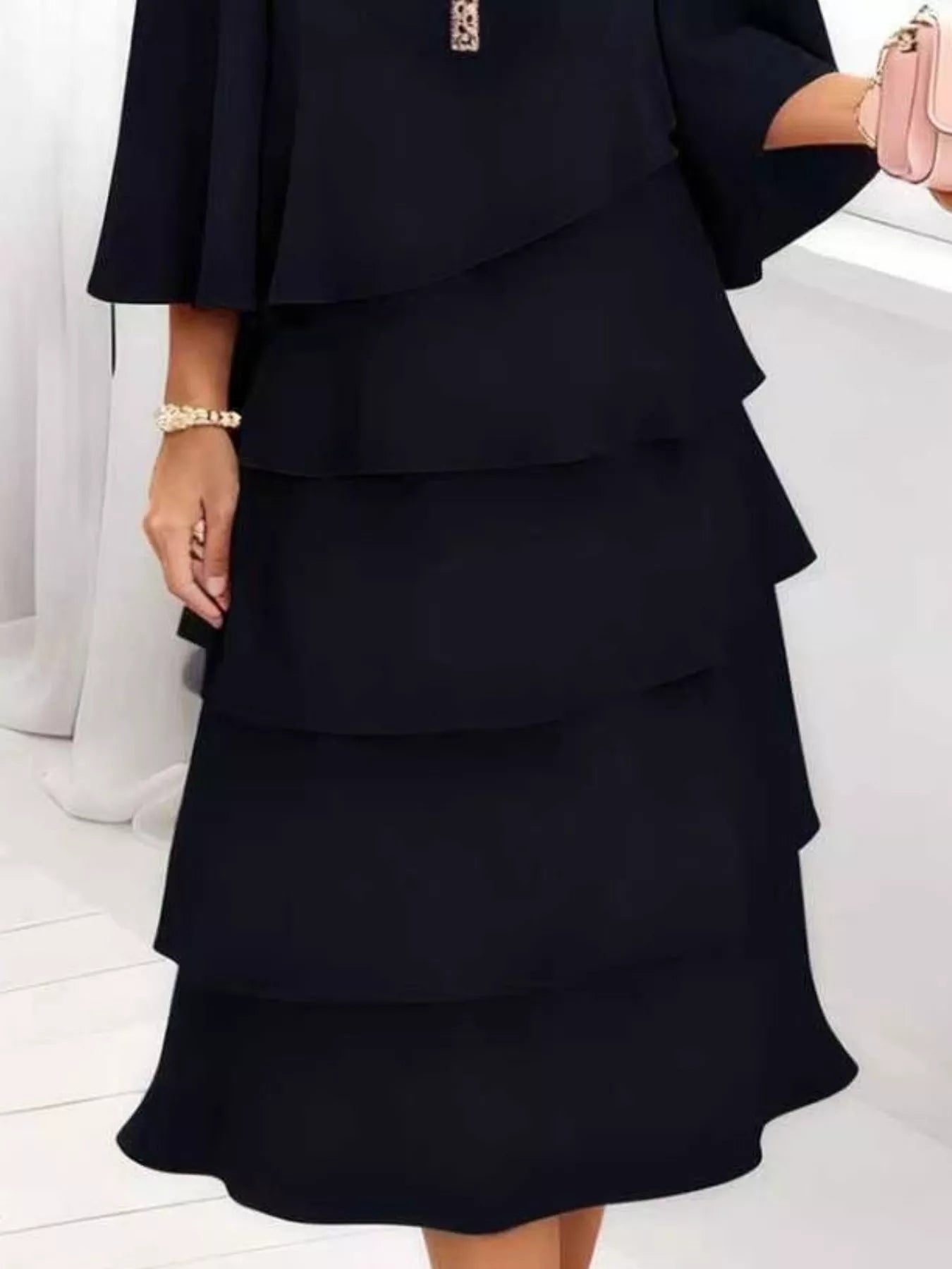 Full Size Ruffled Layered 3/4 Sleeve Dress Plus Size - MAD RUFFI