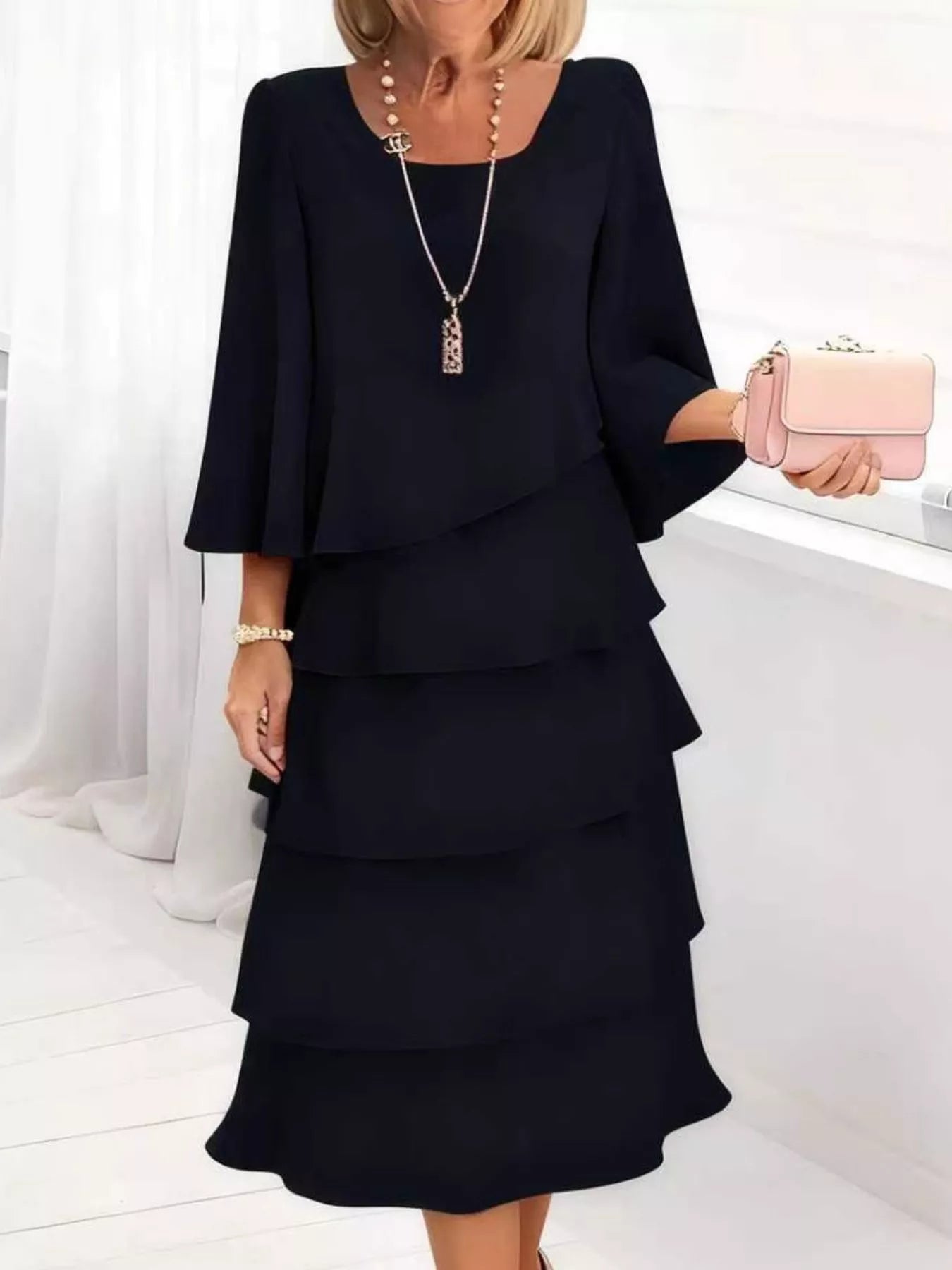 Full Size Ruffled Layered 3/4 Sleeve Dress Plus Size - MAD RUFFI