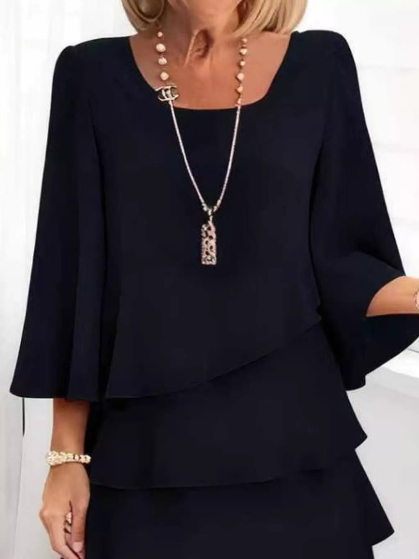 Full Size Ruffled Layered 3/4 Sleeve Dress Plus Size - MAD RUFFI