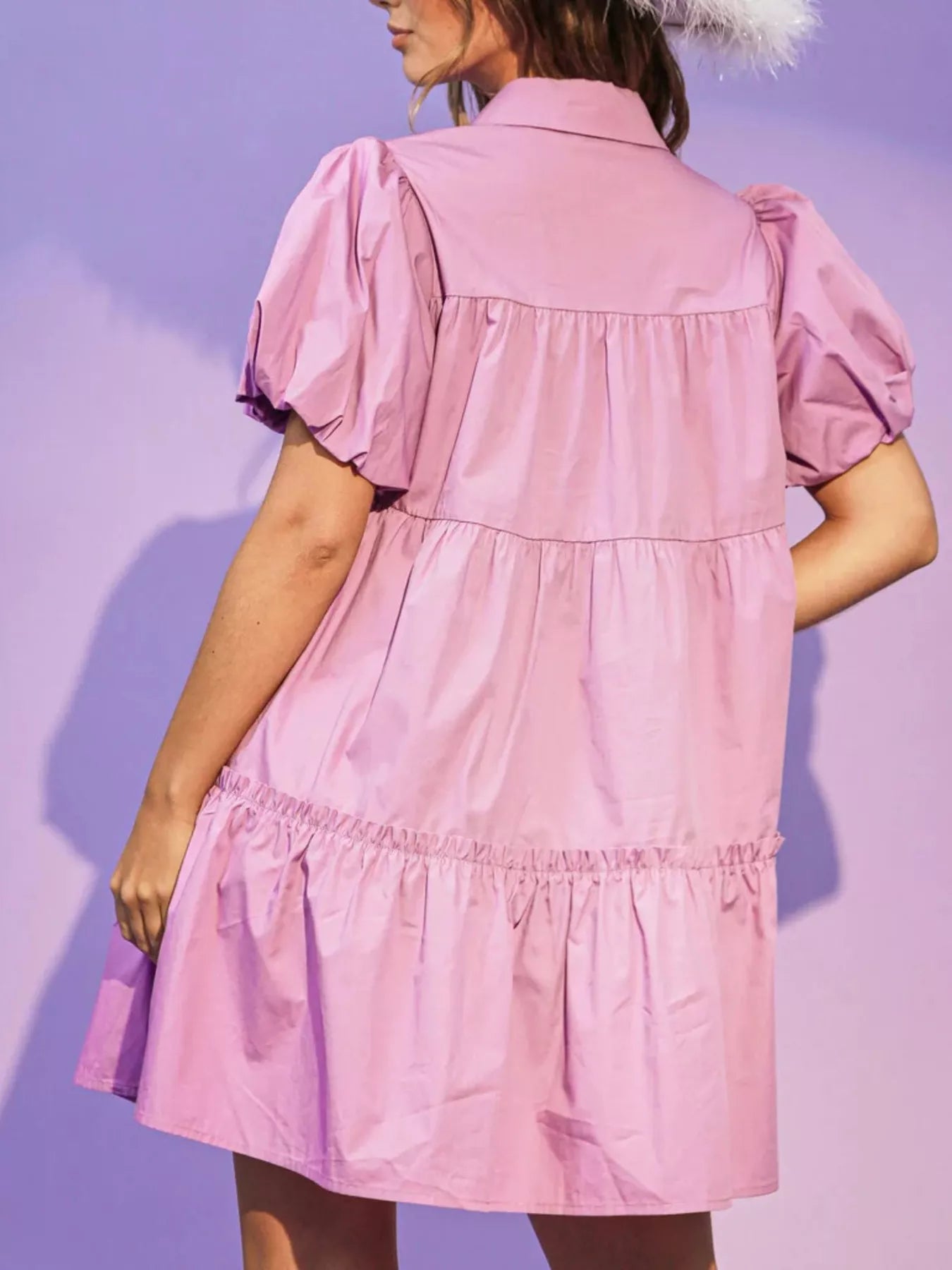 Full Size Sequin Button Front Puff Sleeve Shirt Dress Plus Size - MAD RUFFI