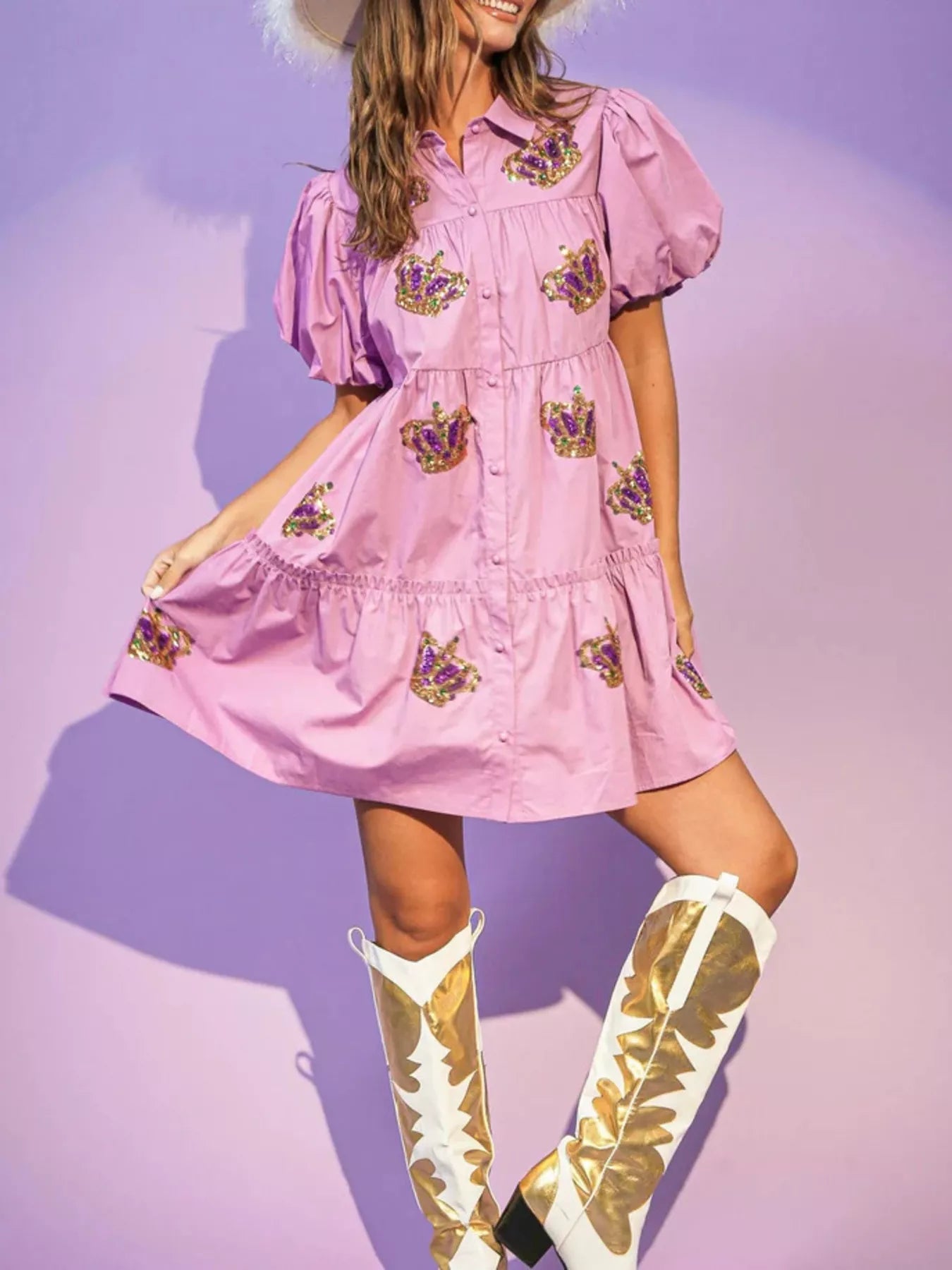 Full Size Sequin Button Front Puff Sleeve Shirt Dress Plus Size - MAD RUFFI