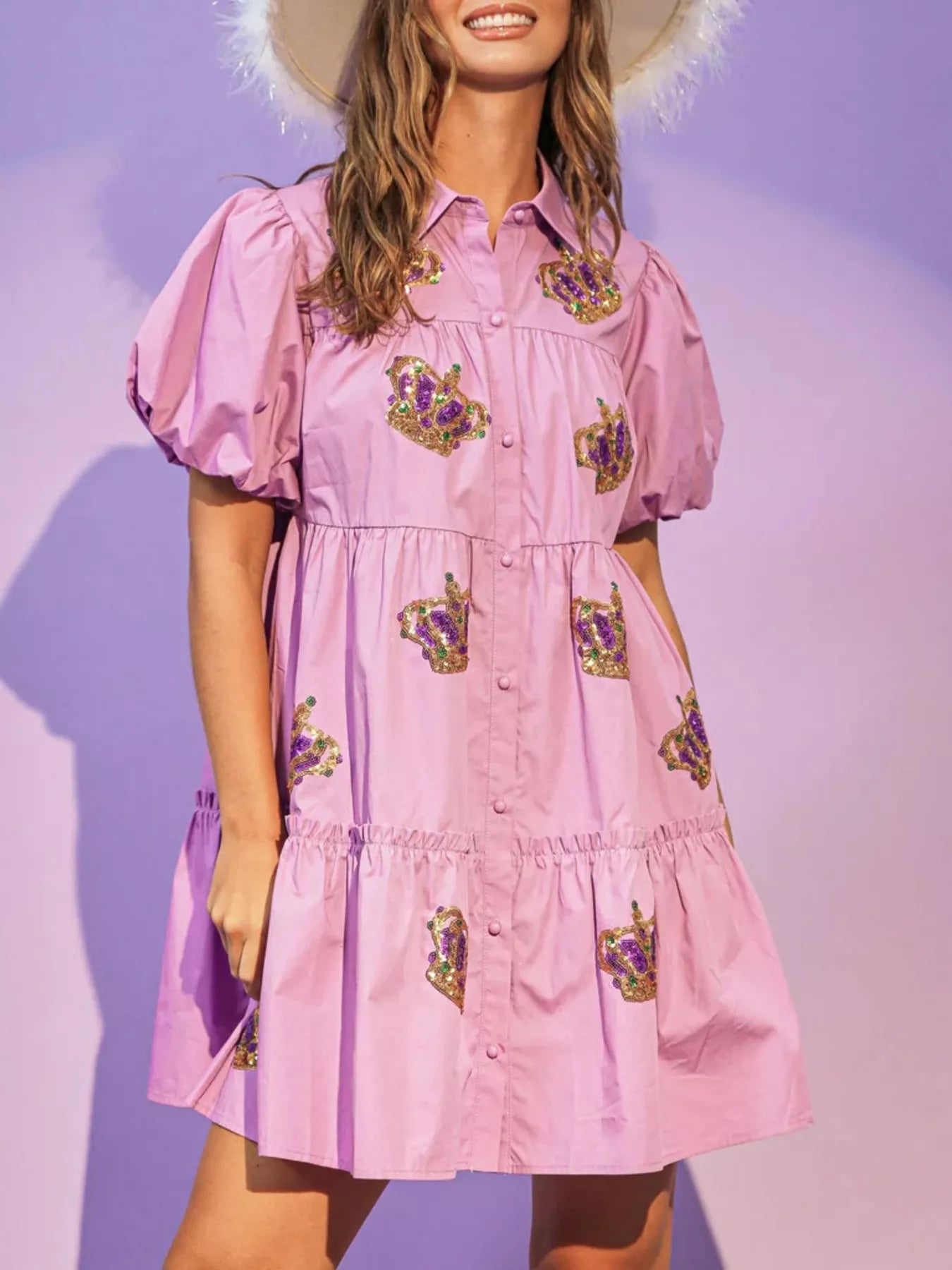 Full Size Sequin Button Front Puff Sleeve Shirt Dress Plus Size - MAD RUFFI