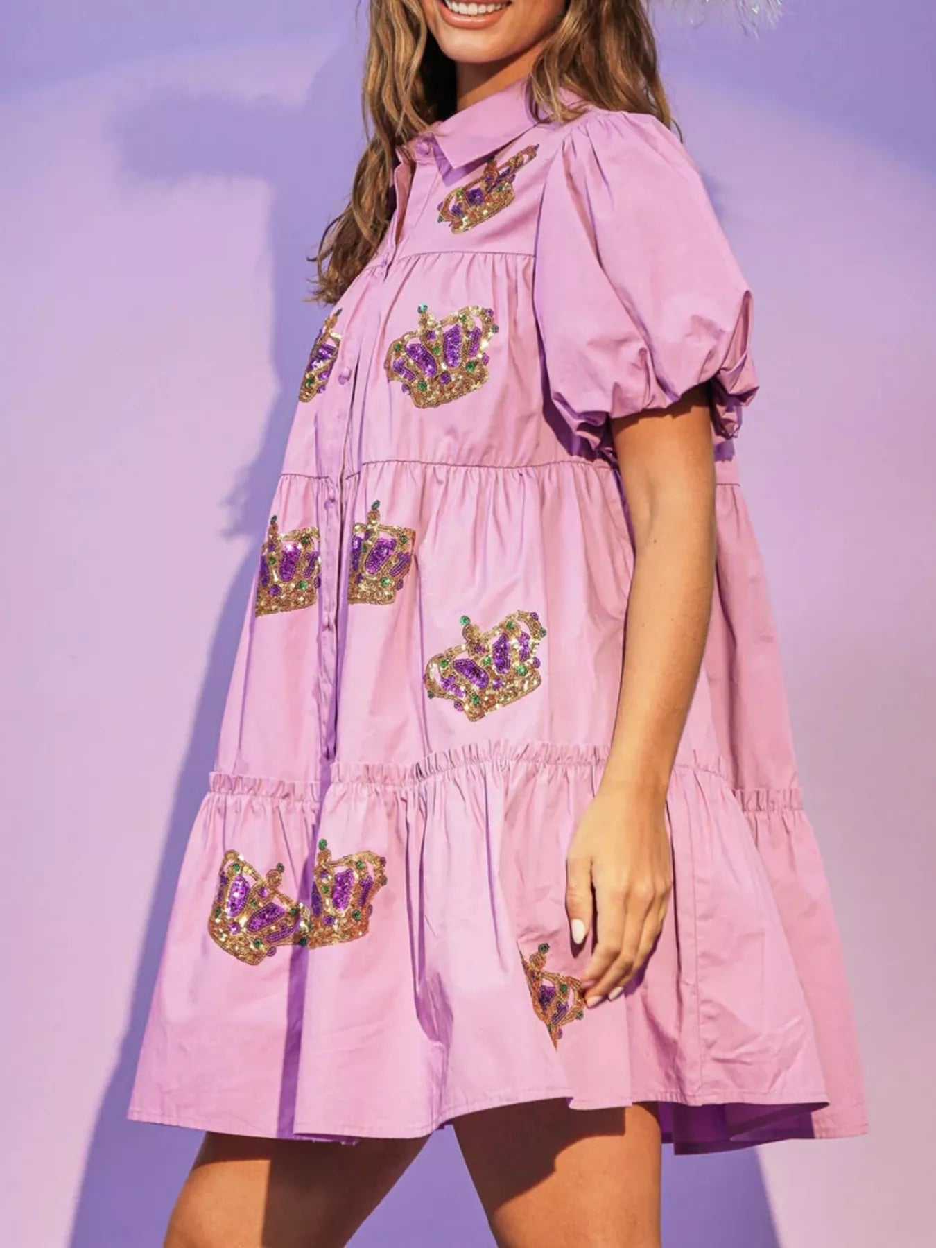 Full Size Sequin Button Front Puff Sleeve Shirt Dress Plus Size - MAD RUFFI