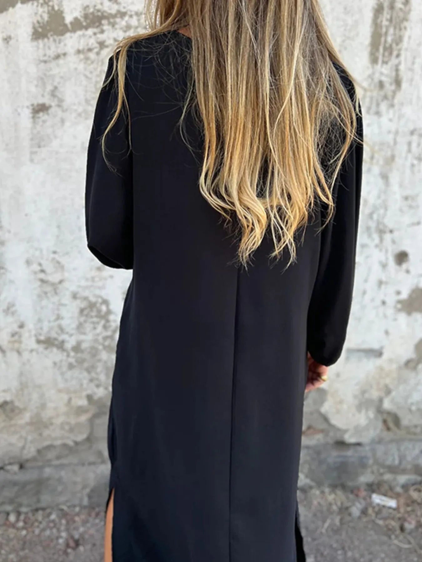 Full Size Slit V - Neck Balloon Sleeve Midi Dress Plus Size - MAD RUFFI