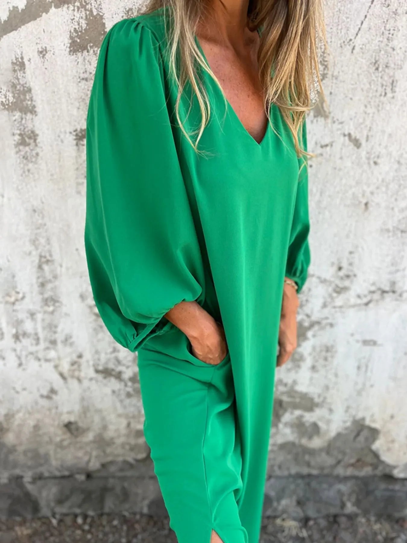 Full Size Slit V - Neck Balloon Sleeve Midi Dress Plus Size - MAD RUFFI