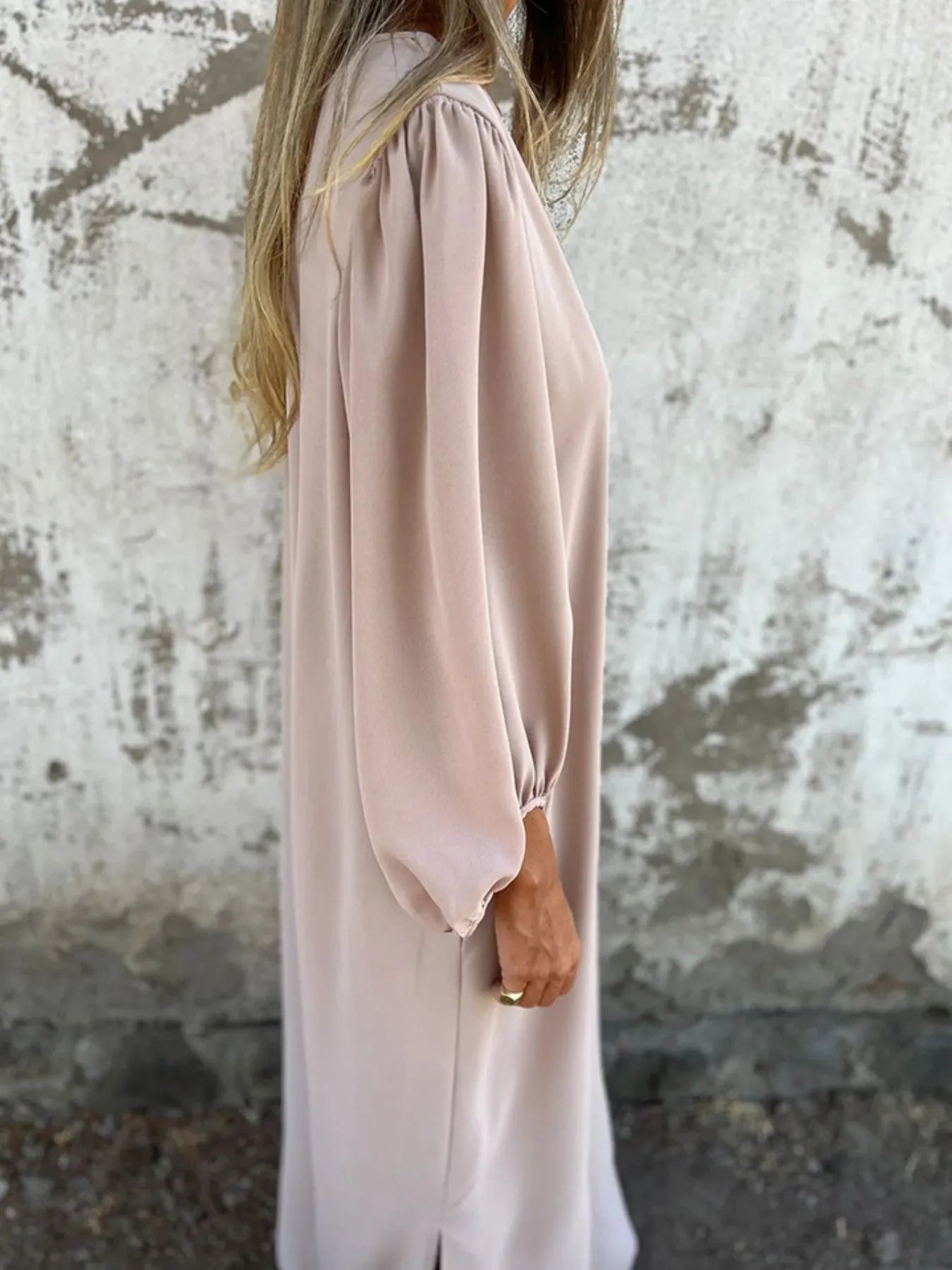 Full Size Slit V - Neck Balloon Sleeve Midi Dress Plus Size - MAD RUFFI