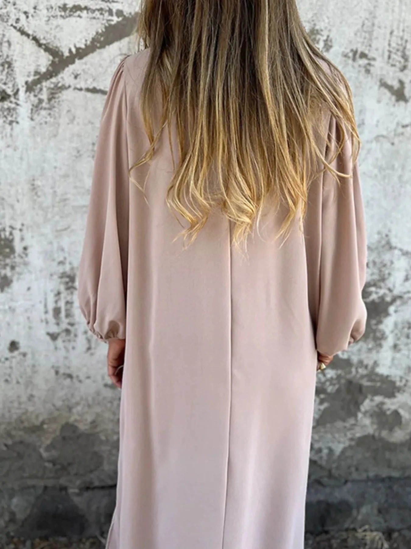 Full Size Slit V - Neck Balloon Sleeve Midi Dress Plus Size - MAD RUFFI