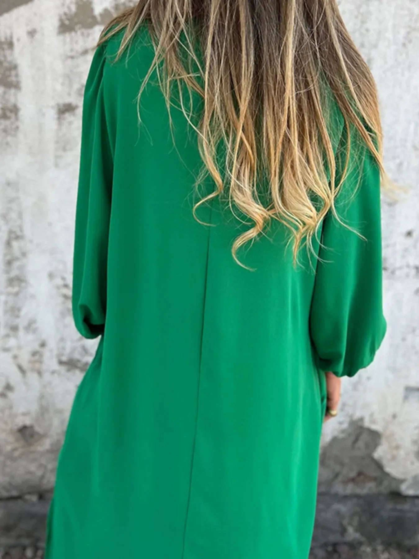 Full Size Slit V - Neck Balloon Sleeve Midi Dress Plus Size - MAD RUFFI