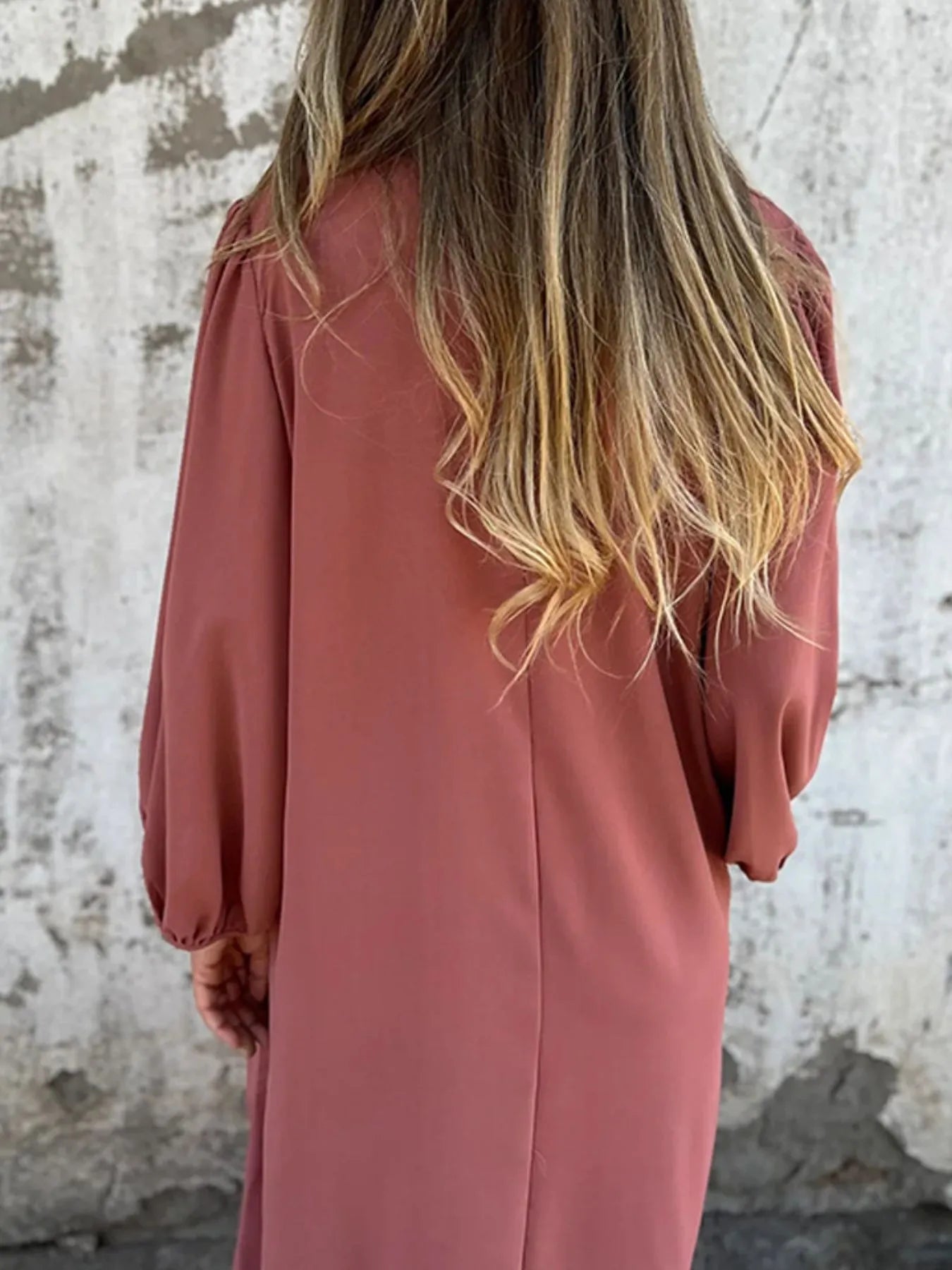 Full Size Slit V - Neck Balloon Sleeve Midi Dress Plus Size - MAD RUFFI