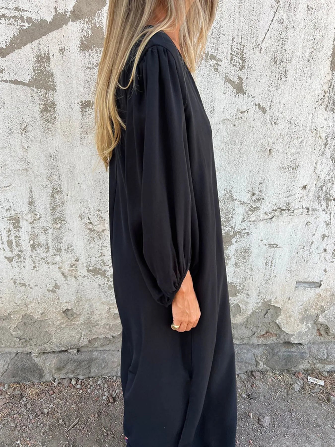 Full Size Slit V - Neck Balloon Sleeve Midi Dress Plus Size - MAD RUFFI