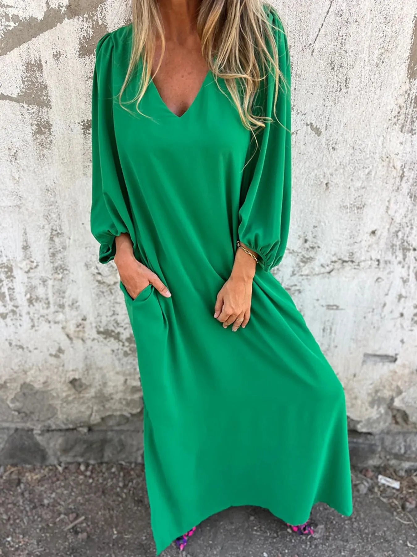Full Size Slit V - Neck Balloon Sleeve Midi Dress Plus Size - MAD RUFFI