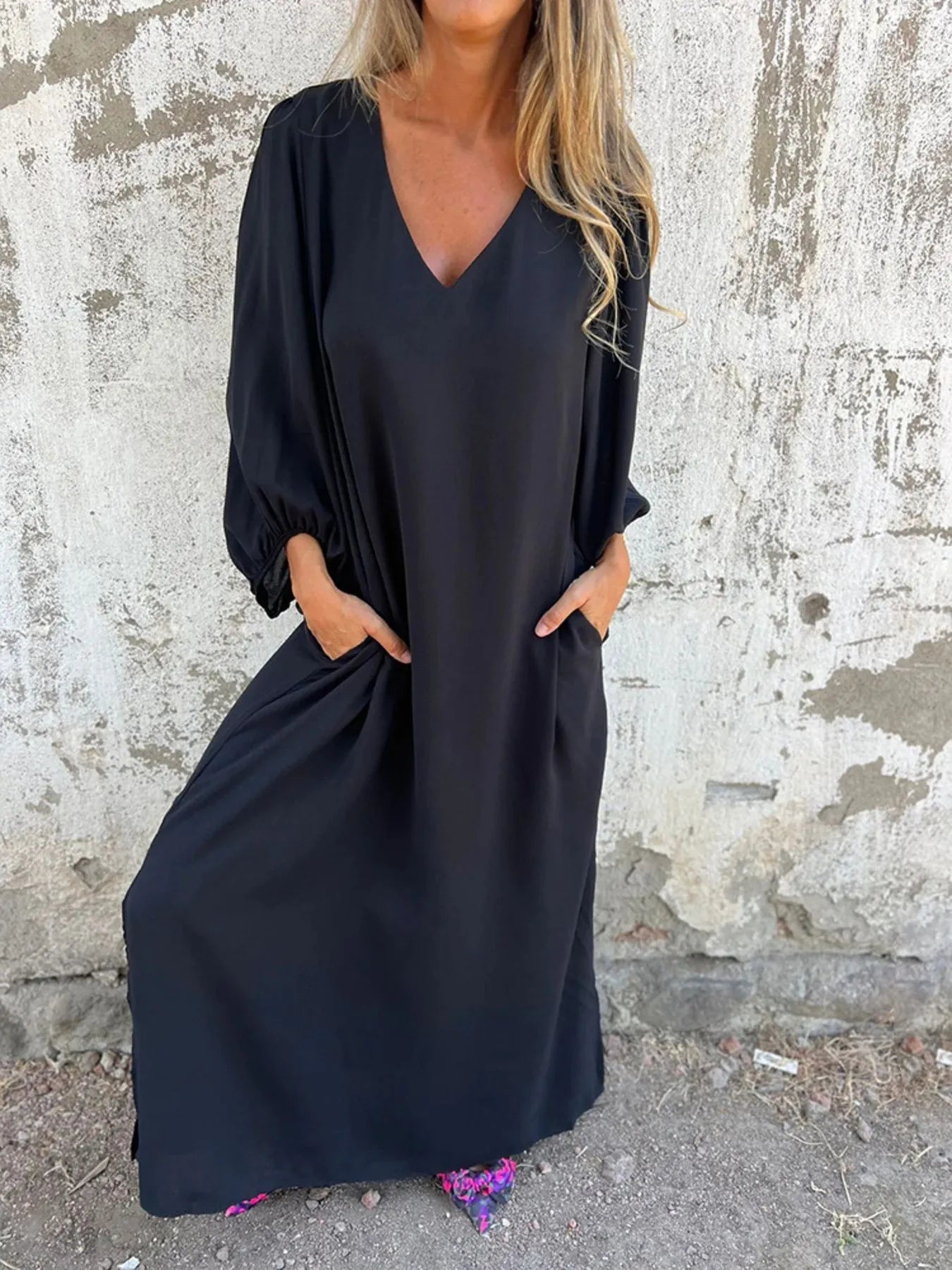 Full Size Slit V - Neck Balloon Sleeve Midi Dress Plus Size - MAD RUFFI