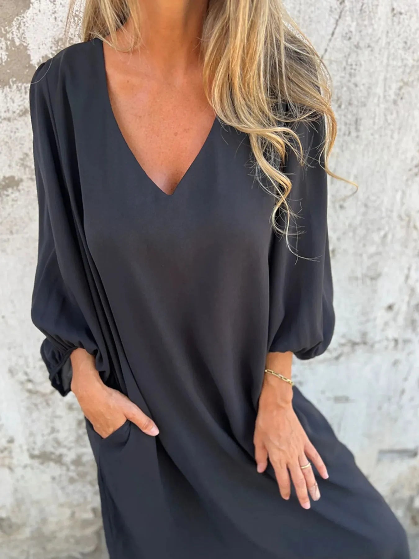 Full Size Slit V - Neck Balloon Sleeve Midi Dress Plus Size - MAD RUFFI