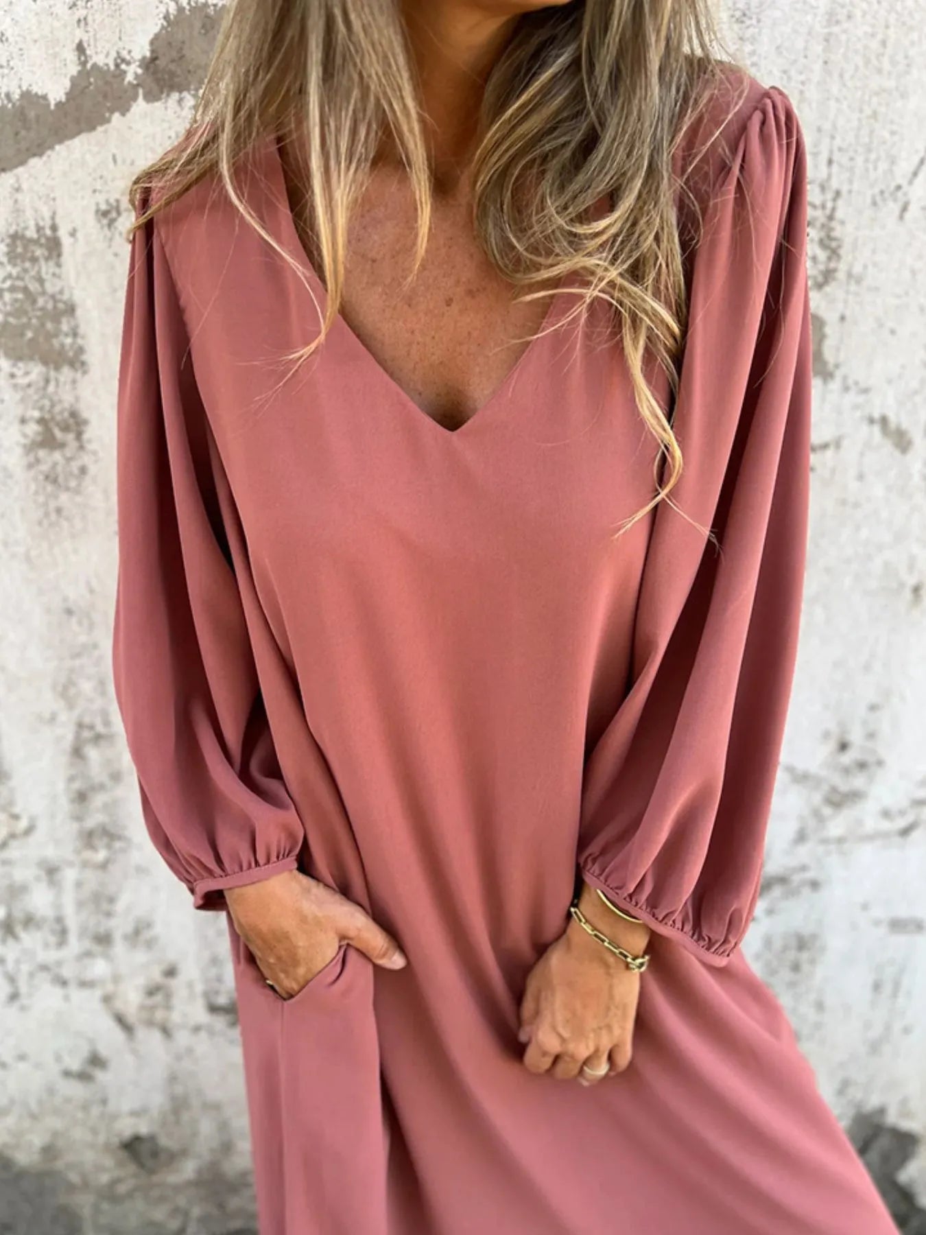 Full Size Slit V - Neck Balloon Sleeve Midi Dress Plus Size - MAD RUFFI