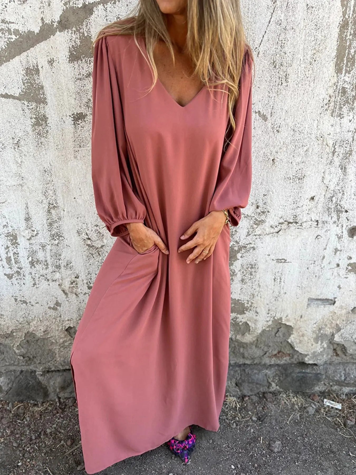 Full Size Slit V - Neck Balloon Sleeve Midi Dress Plus Size - MAD RUFFI