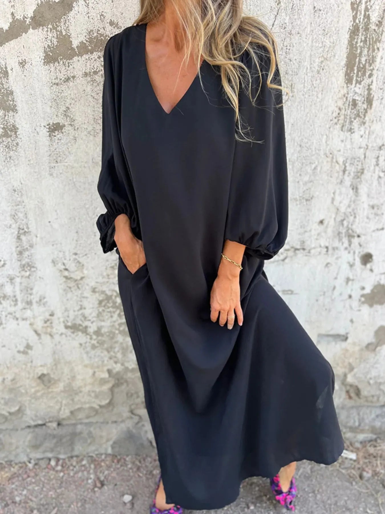 Full Size Slit V - Neck Balloon Sleeve Midi Dress Plus Size - MAD RUFFI