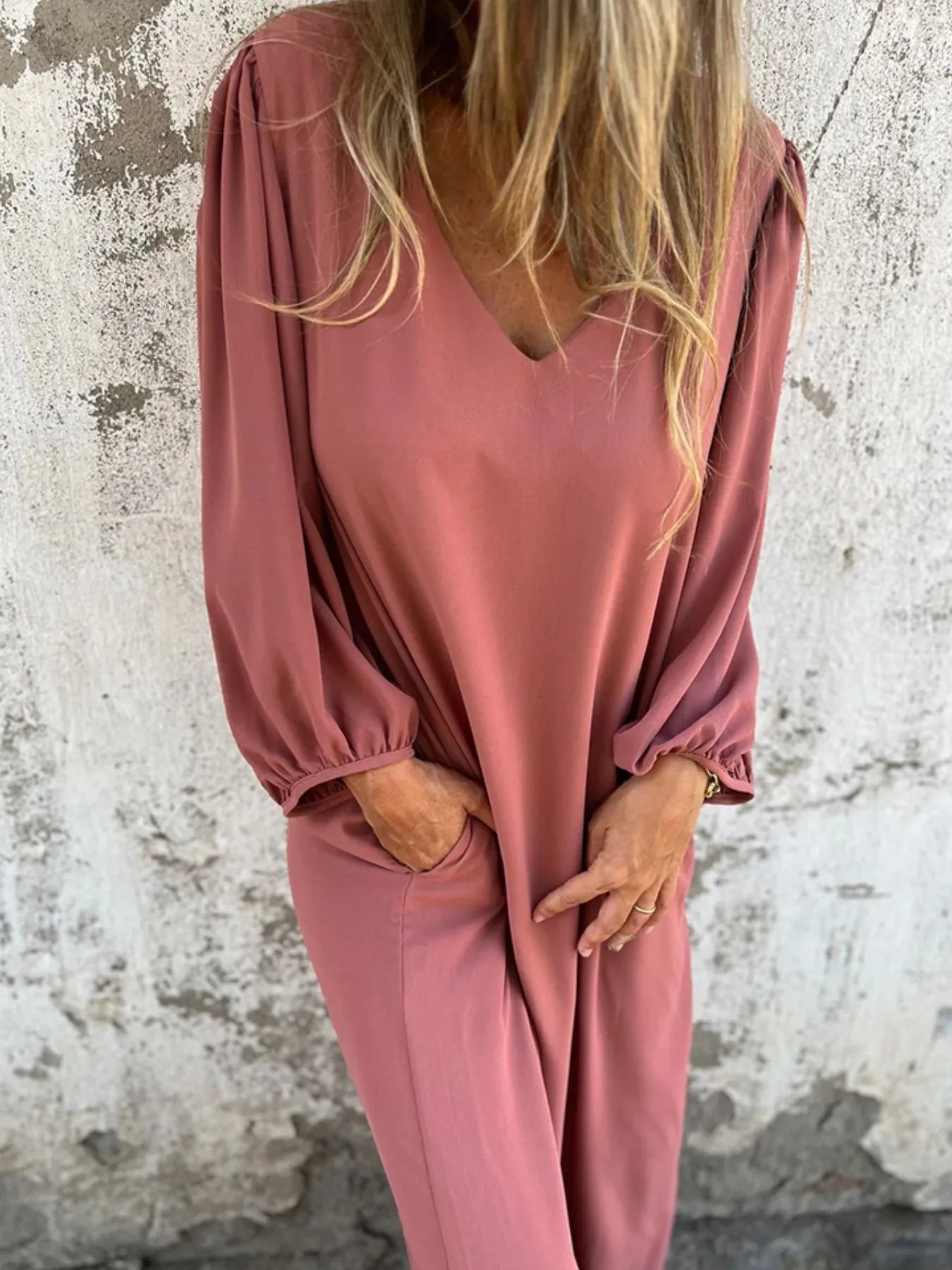 Full Size Slit V - Neck Balloon Sleeve Midi Dress Plus Size - MAD RUFFI