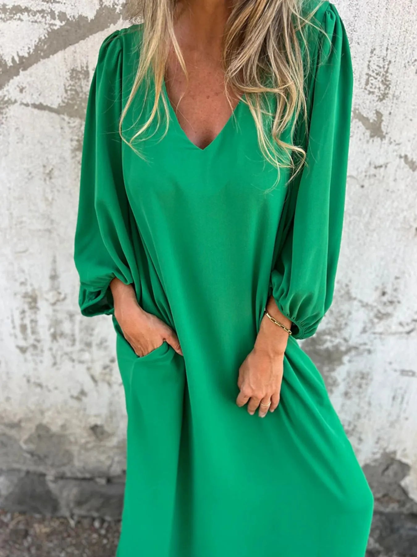 Full Size Slit V - Neck Balloon Sleeve Midi Dress Plus Size - MAD RUFFI