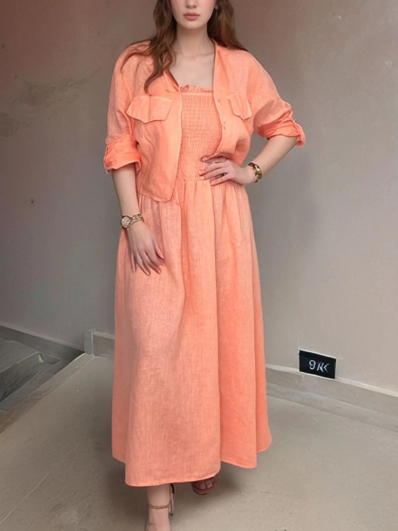 Full Size Smocked Cami Dress and Jacket Set Plus Size - MAD RUFFI