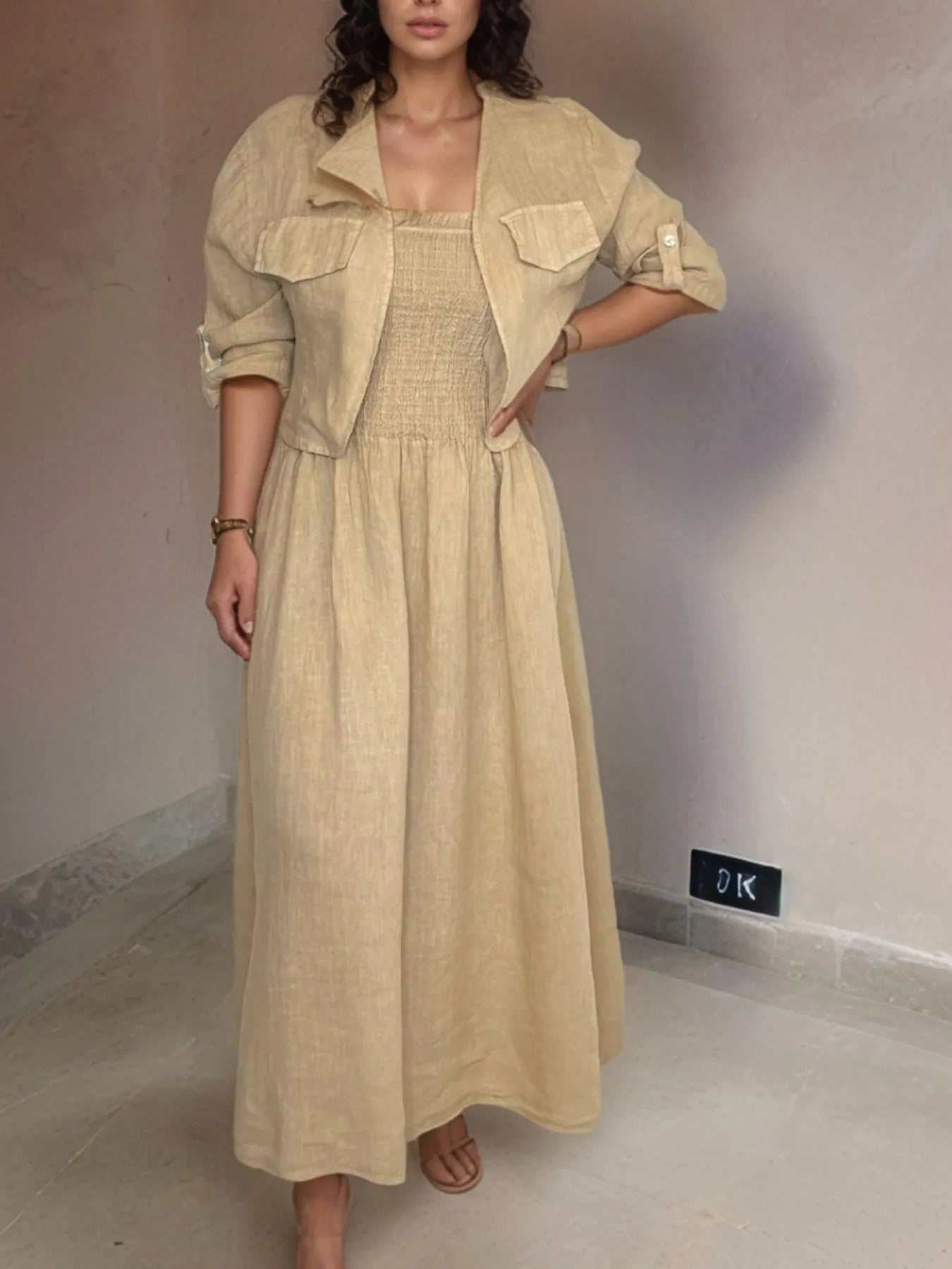 Full Size Smocked Cami Dress and Jacket Set Plus Size - MAD RUFFI