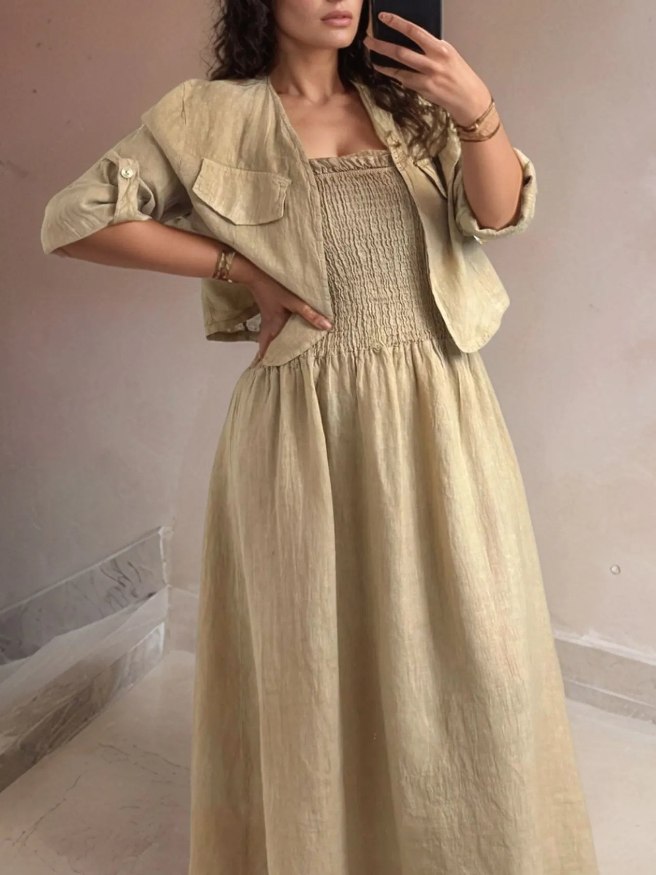 Full Size Smocked Cami Dress and Jacket Set Plus Size - MAD RUFFI