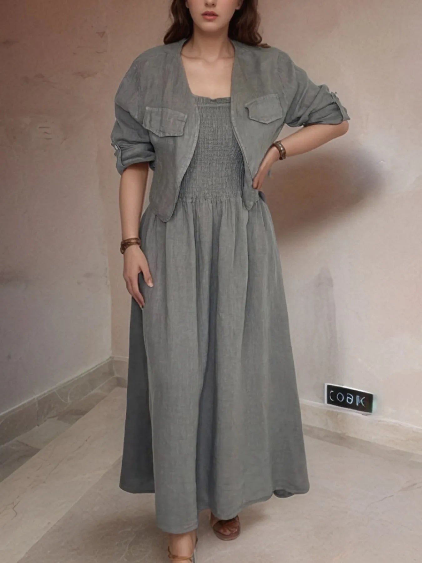 Full Size Smocked Cami Dress and Jacket Set Plus Size - MAD RUFFI