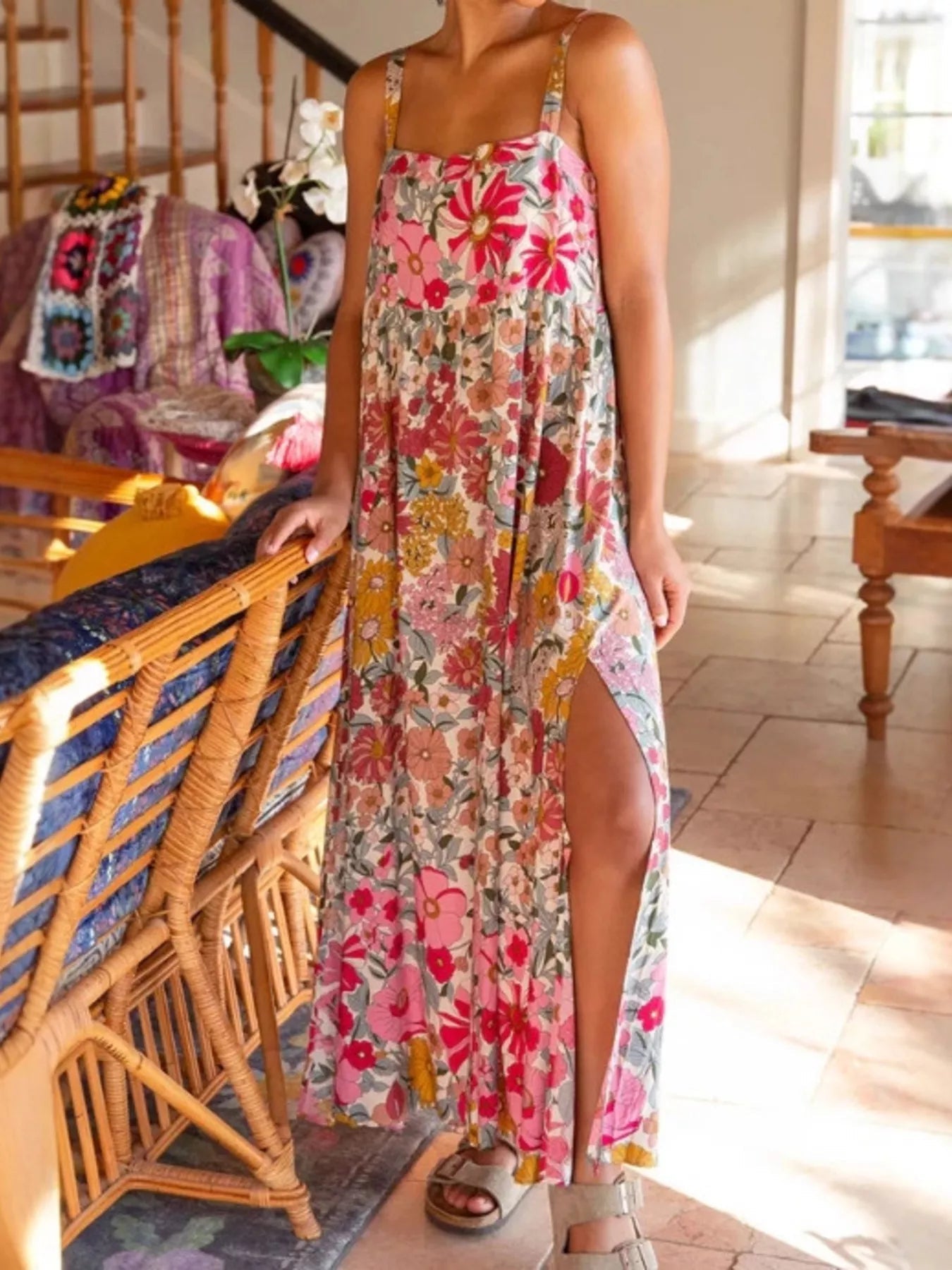 Full Size Square Neck Cami Dress with Side Slit Plus Size - MAD RUFFI