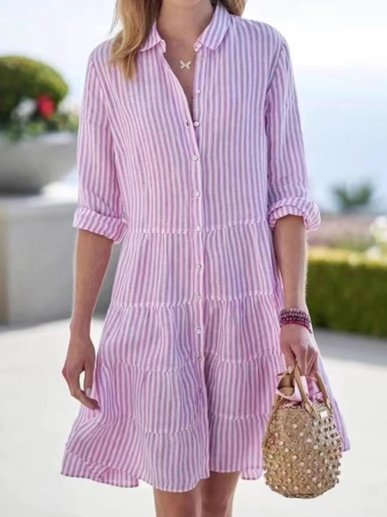 Full Size Striped Button - Down Shirt Dress with Tiered Ruffle Hem Plus Size - MAD RUFFI