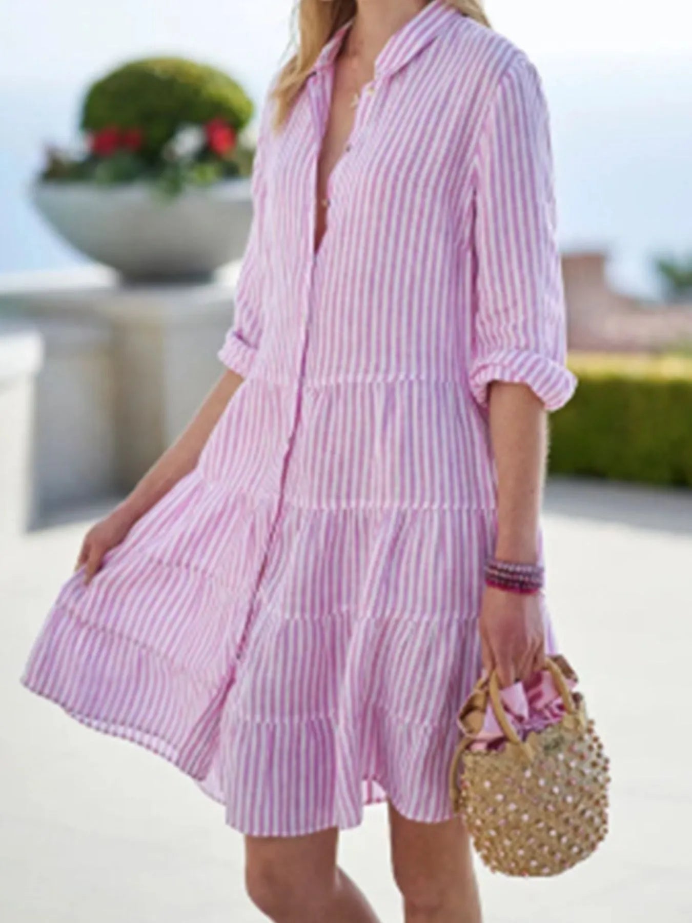 Full Size Striped Button - Down Shirt Dress with Tiered Ruffle Hem Plus Size - MAD RUFFI