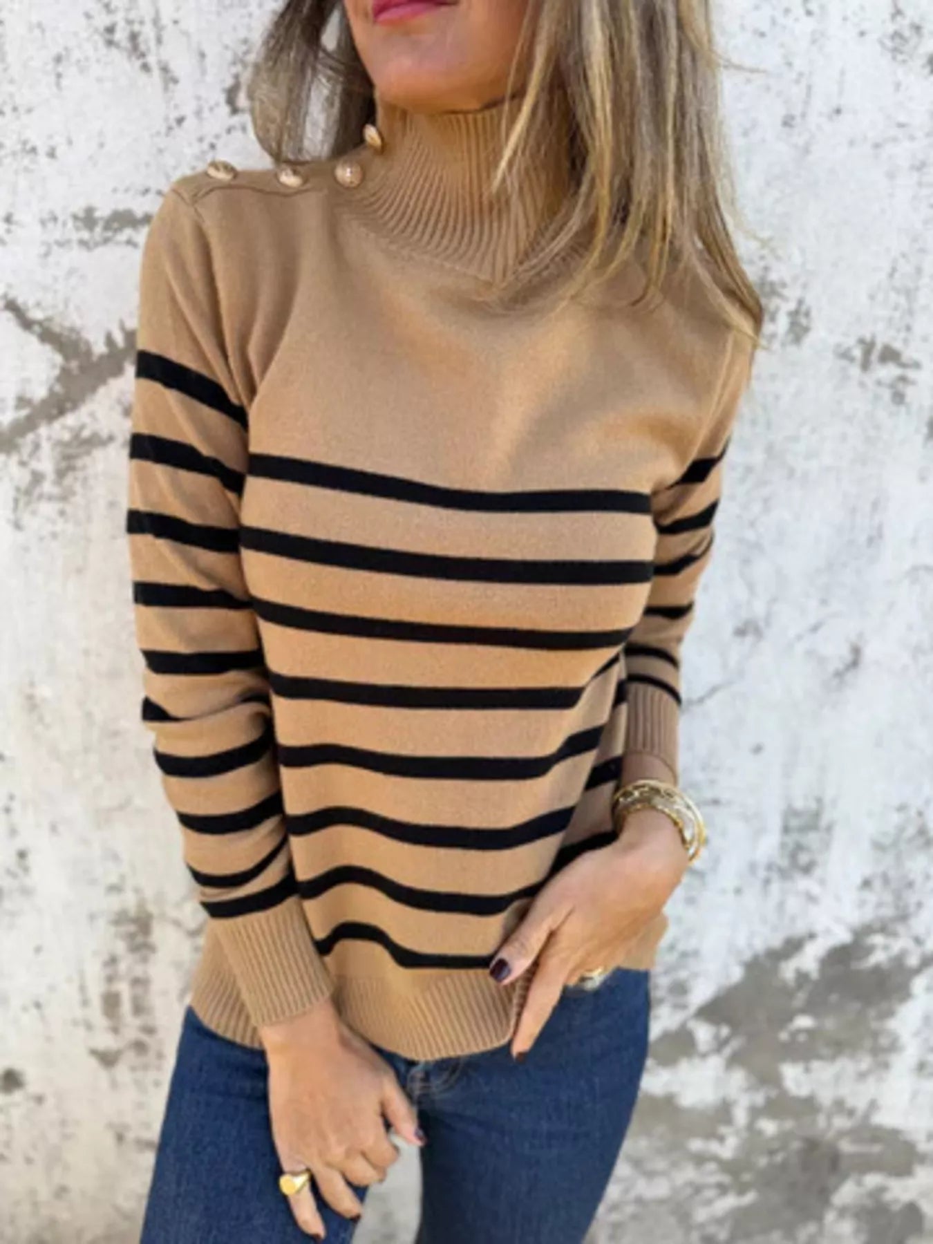 Full Size Striped Turtleneck Long Sleeve Sweater Plus Size - MAD RUFFI