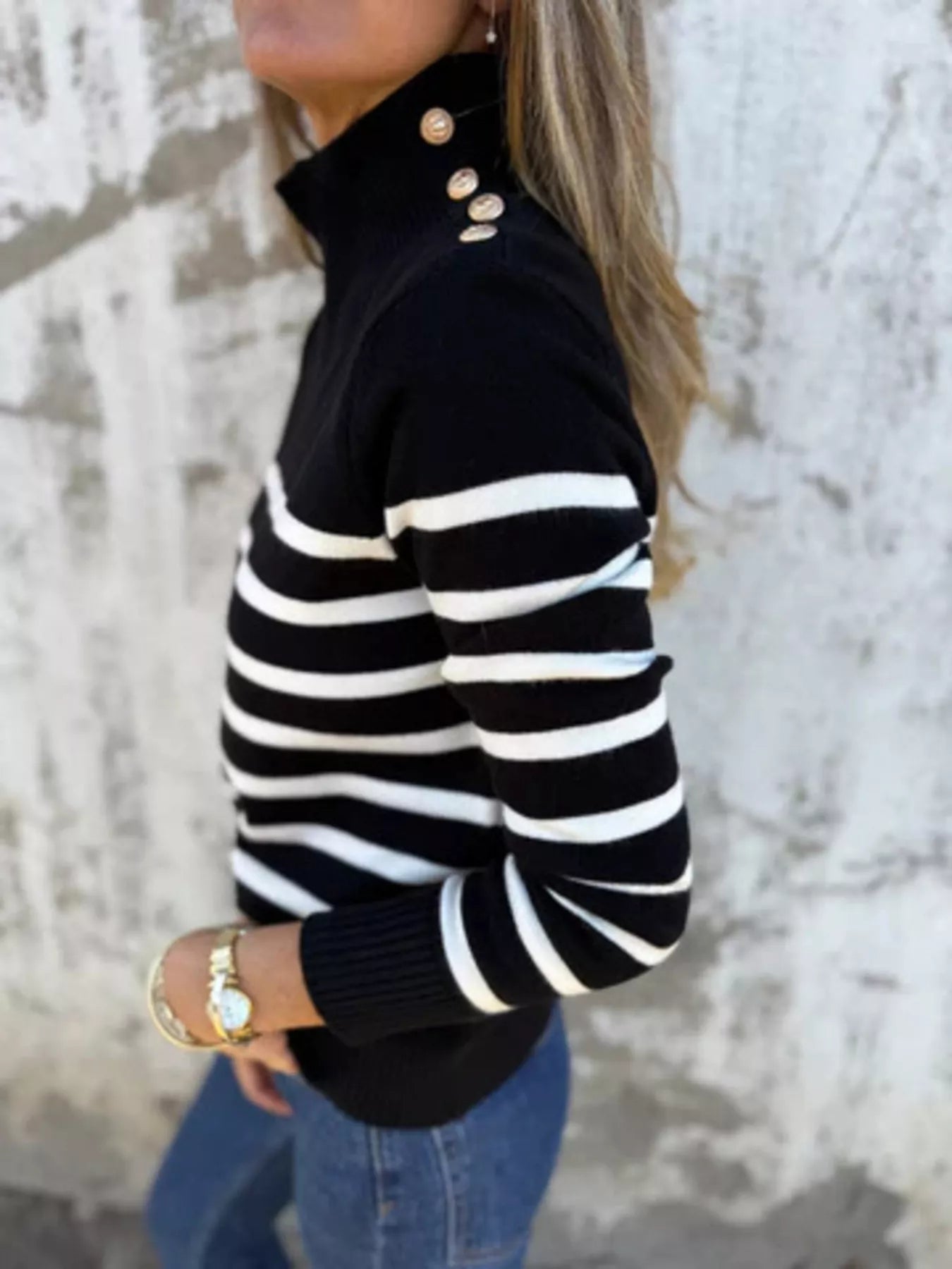 Full Size Striped Turtleneck Long Sleeve Sweater Plus Size - MAD RUFFI
