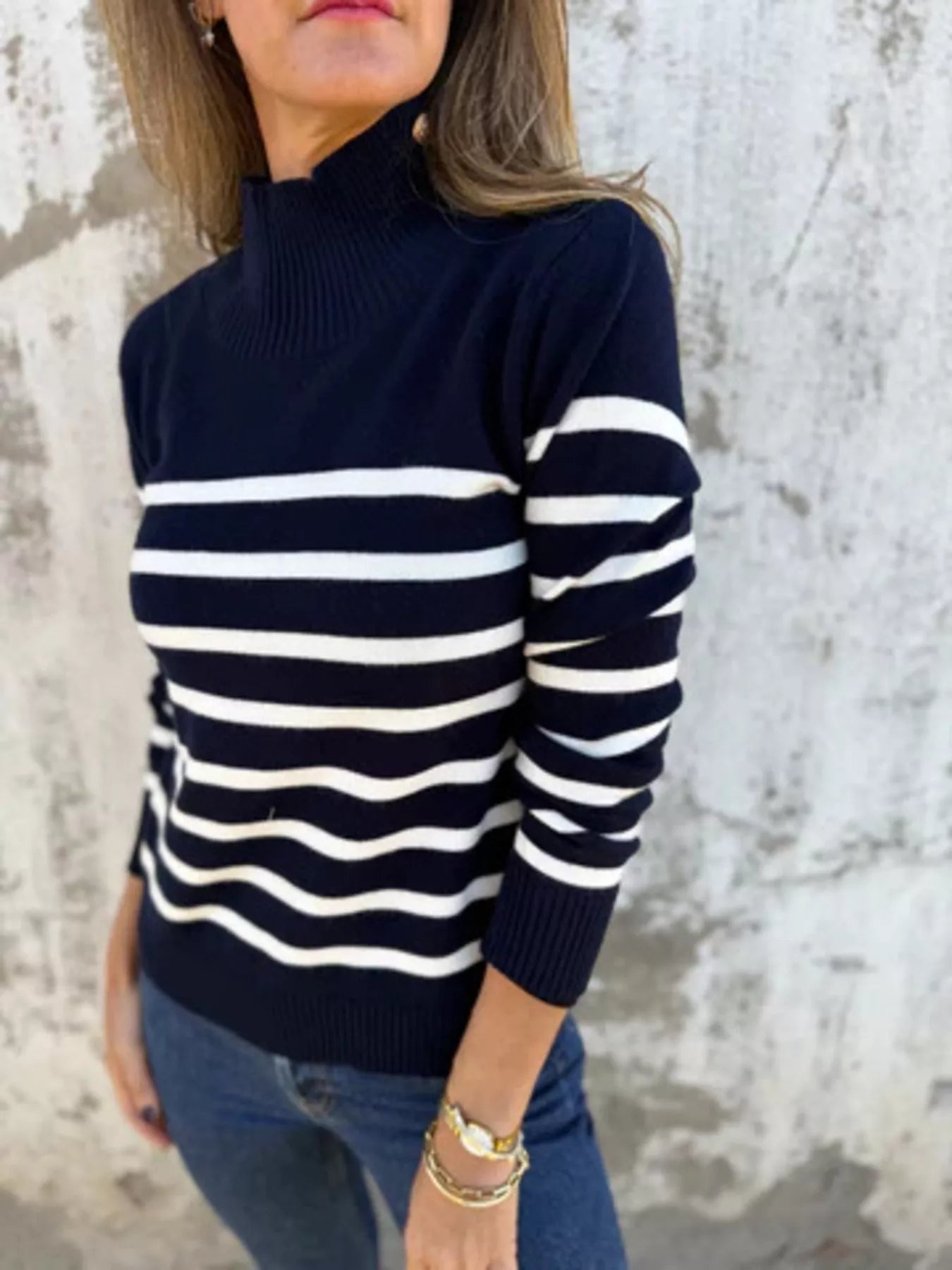 Full Size Striped Turtleneck Long Sleeve Sweater Plus Size - MAD RUFFI