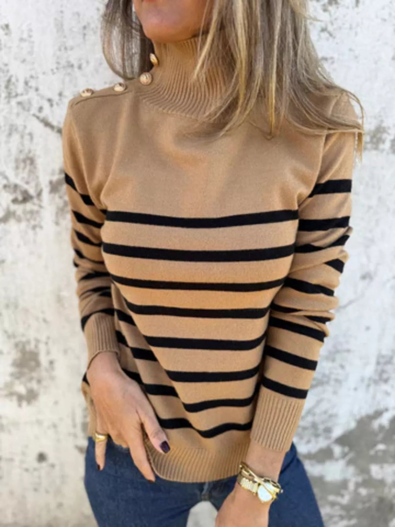 Full Size Striped Turtleneck Long Sleeve Sweater Plus Size - MAD RUFFI