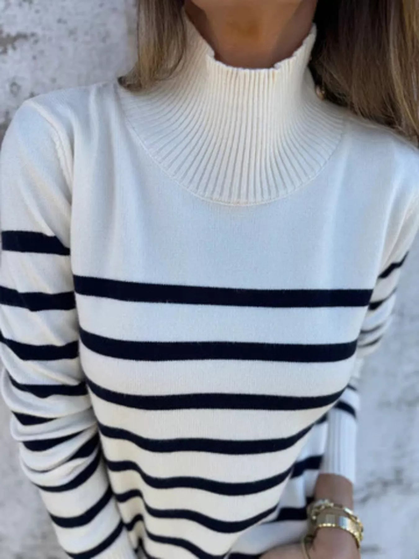 Full Size Striped Turtleneck Long Sleeve Sweater Plus Size - MAD RUFFI