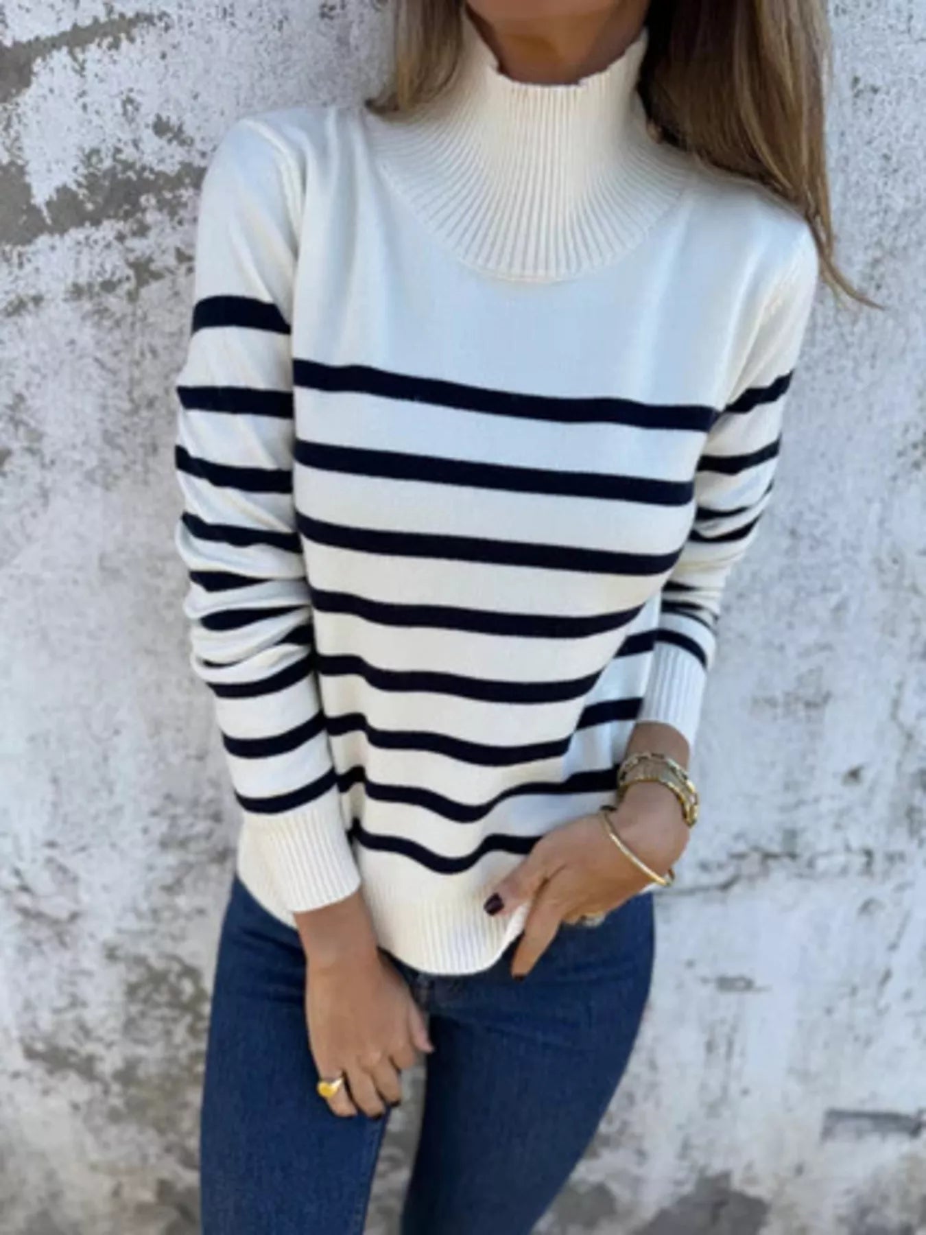 Full Size Striped Turtleneck Long Sleeve Sweater Plus Size - MAD RUFFI