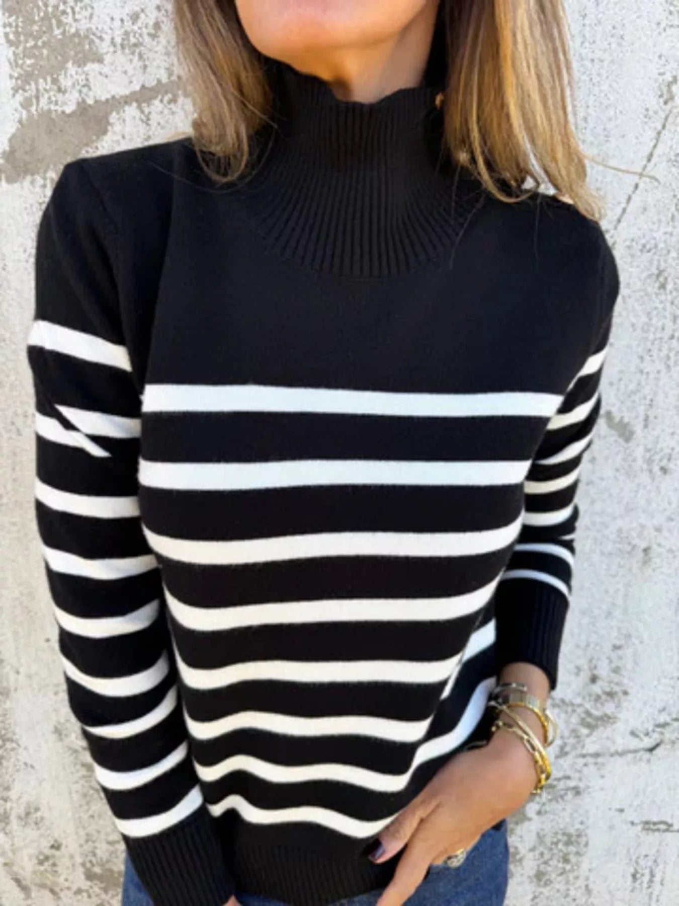 Full Size Striped Turtleneck Long Sleeve Sweater Plus Size - MAD RUFFI