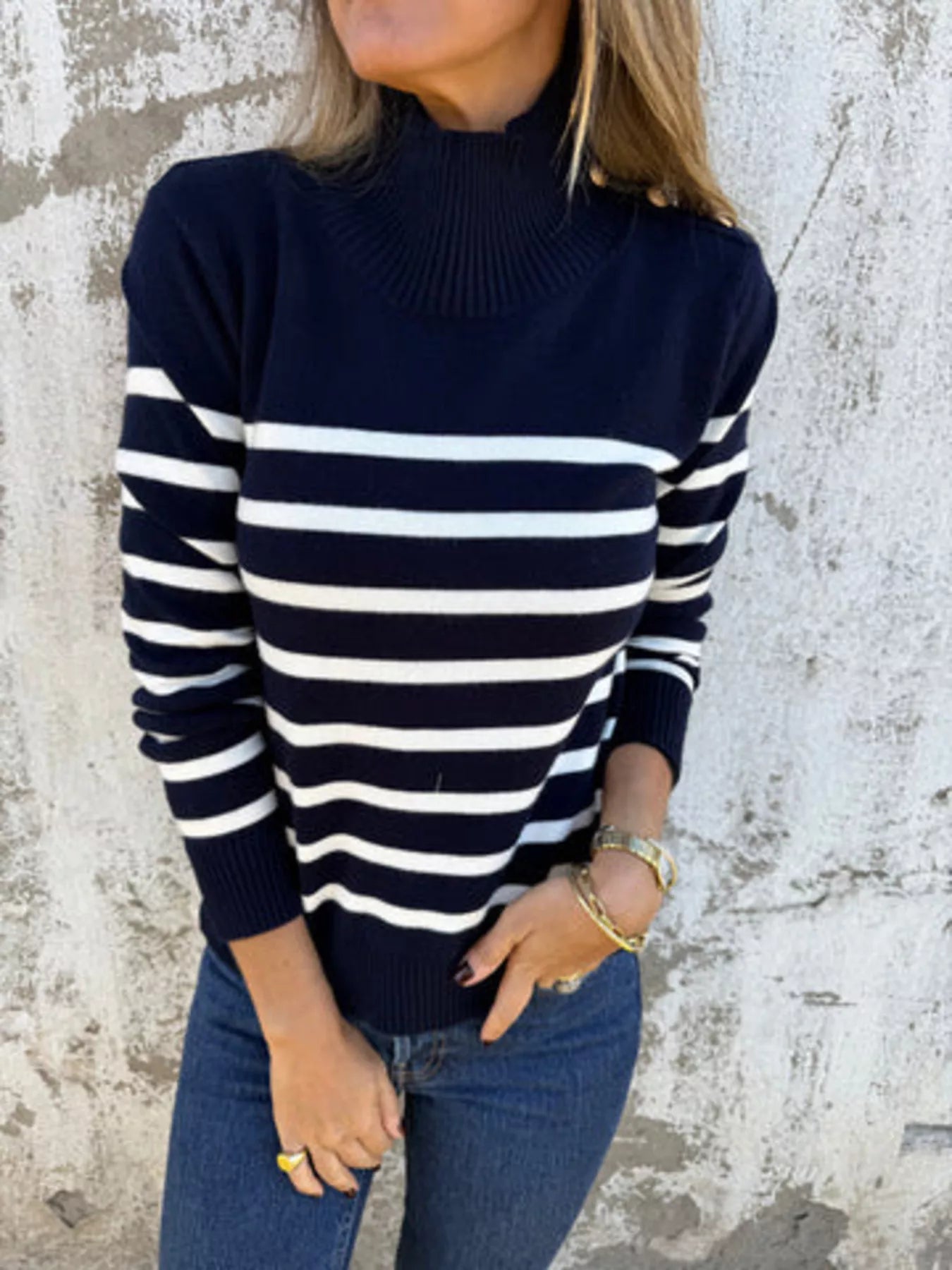 Full Size Striped Turtleneck Long Sleeve Sweater Plus Size - MAD RUFFI