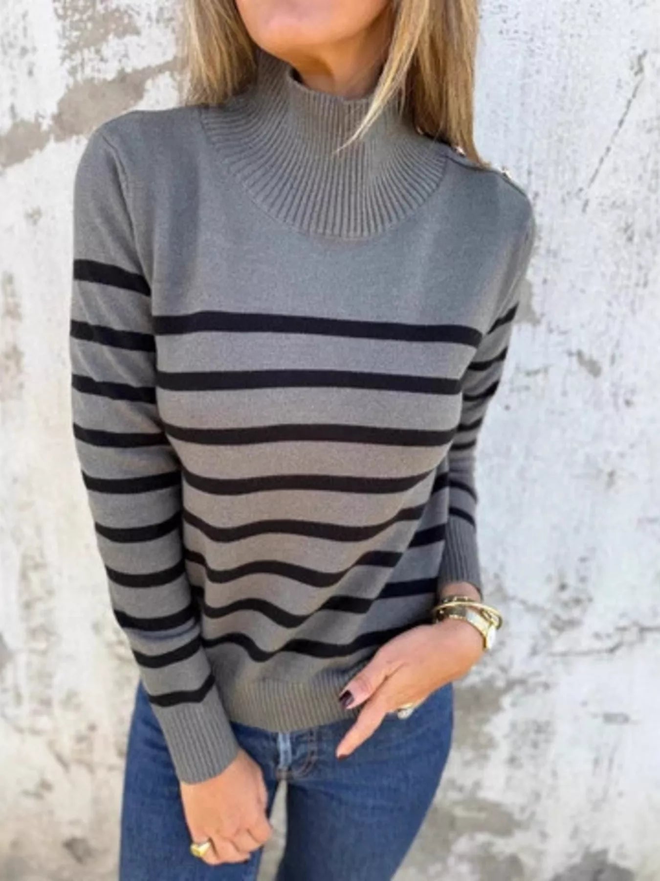 Full Size Striped Turtleneck Long Sleeve Sweater Plus Size - MAD RUFFI