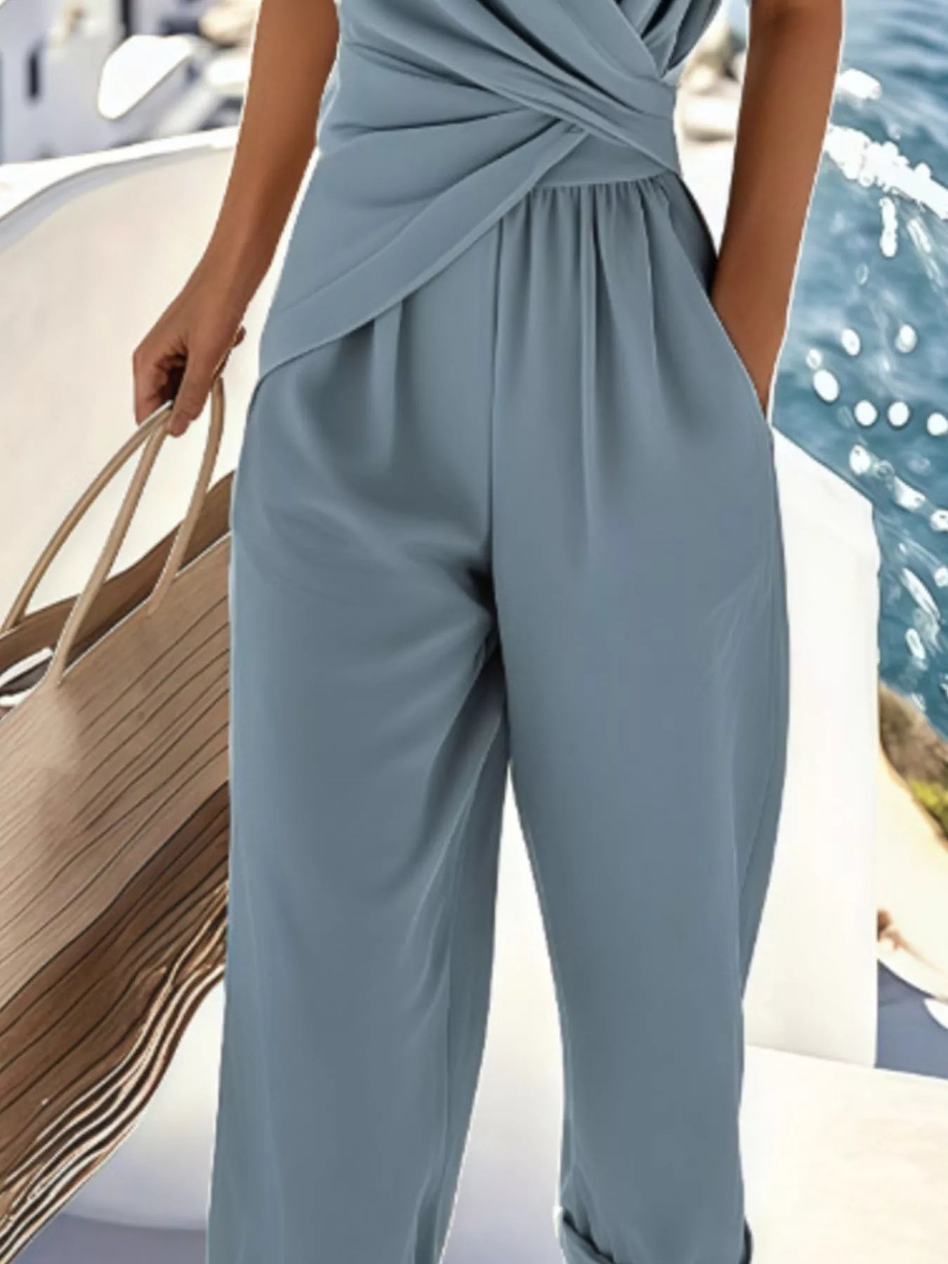 Full Size Surplice Short Sleeve Top and Pants Set Plus Size - MAD RUFFI