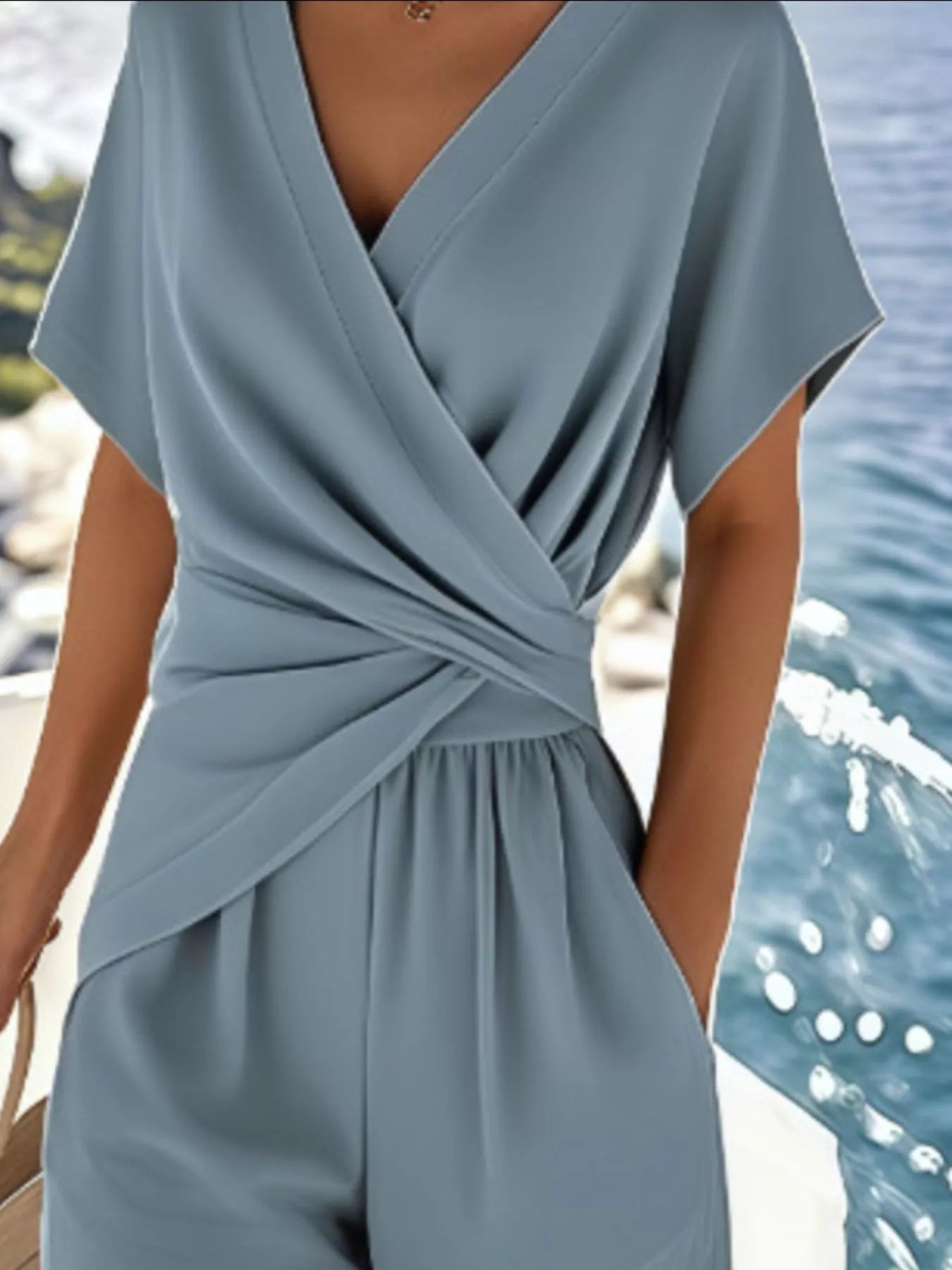 Full Size Surplice Short Sleeve Top and Pants Set Plus Size - MAD RUFFI