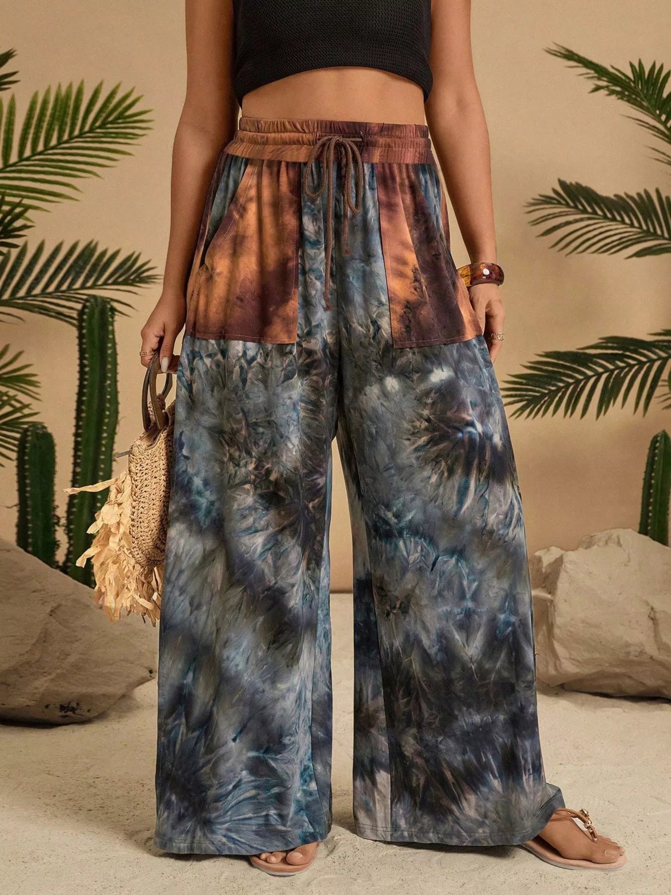Full Size Tie - Dye Wide Leg Casual Pants Plus Size - MAD RUFFI
