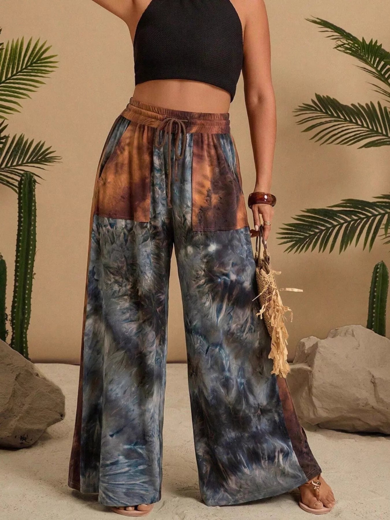 Full Size Tie - Dye Wide Leg Casual Pants Plus Size - MAD RUFFI