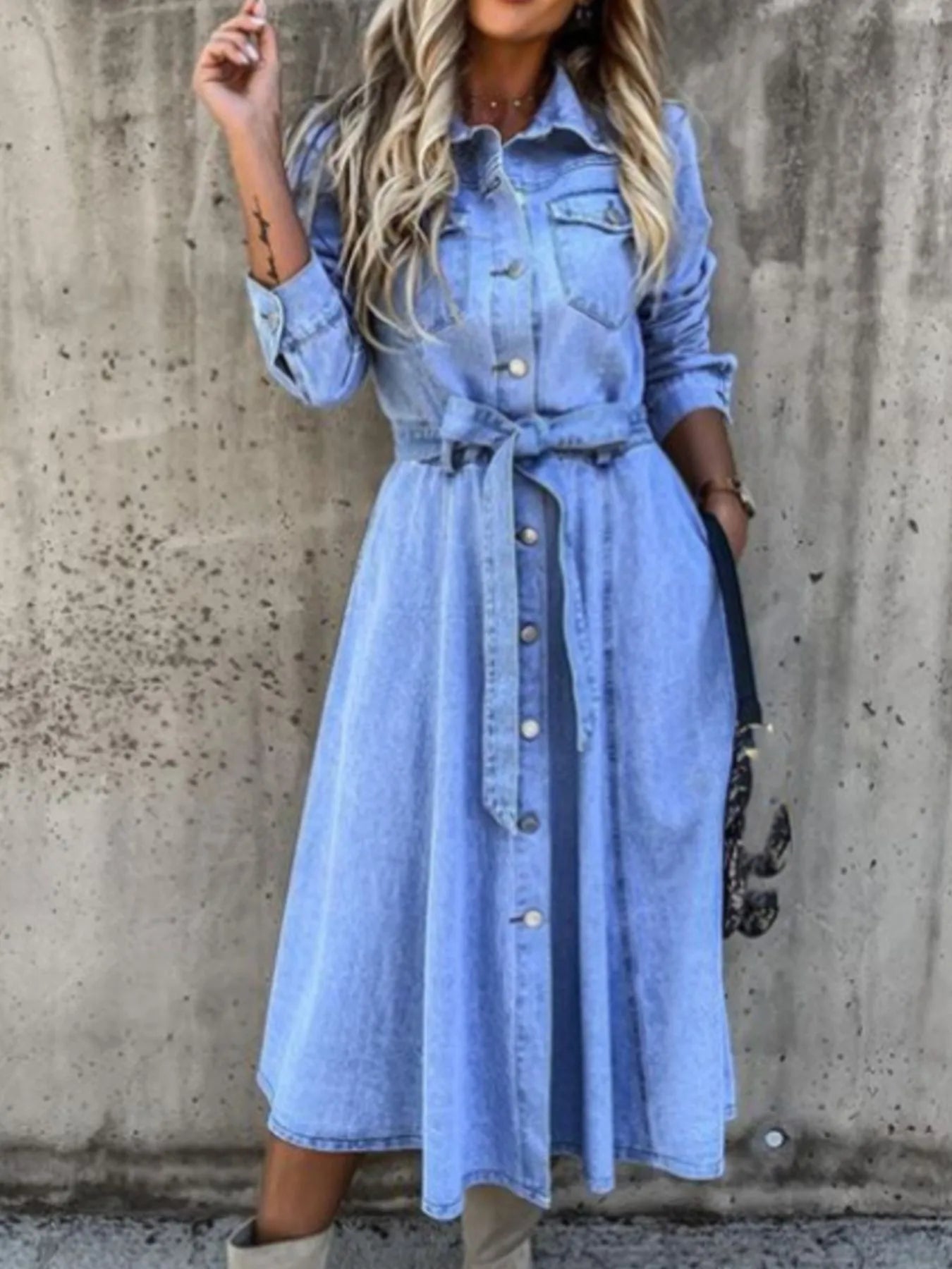 Full Size Tie Waist Button Front Denim Shirt Dress Plus Size - MAD RUFFI