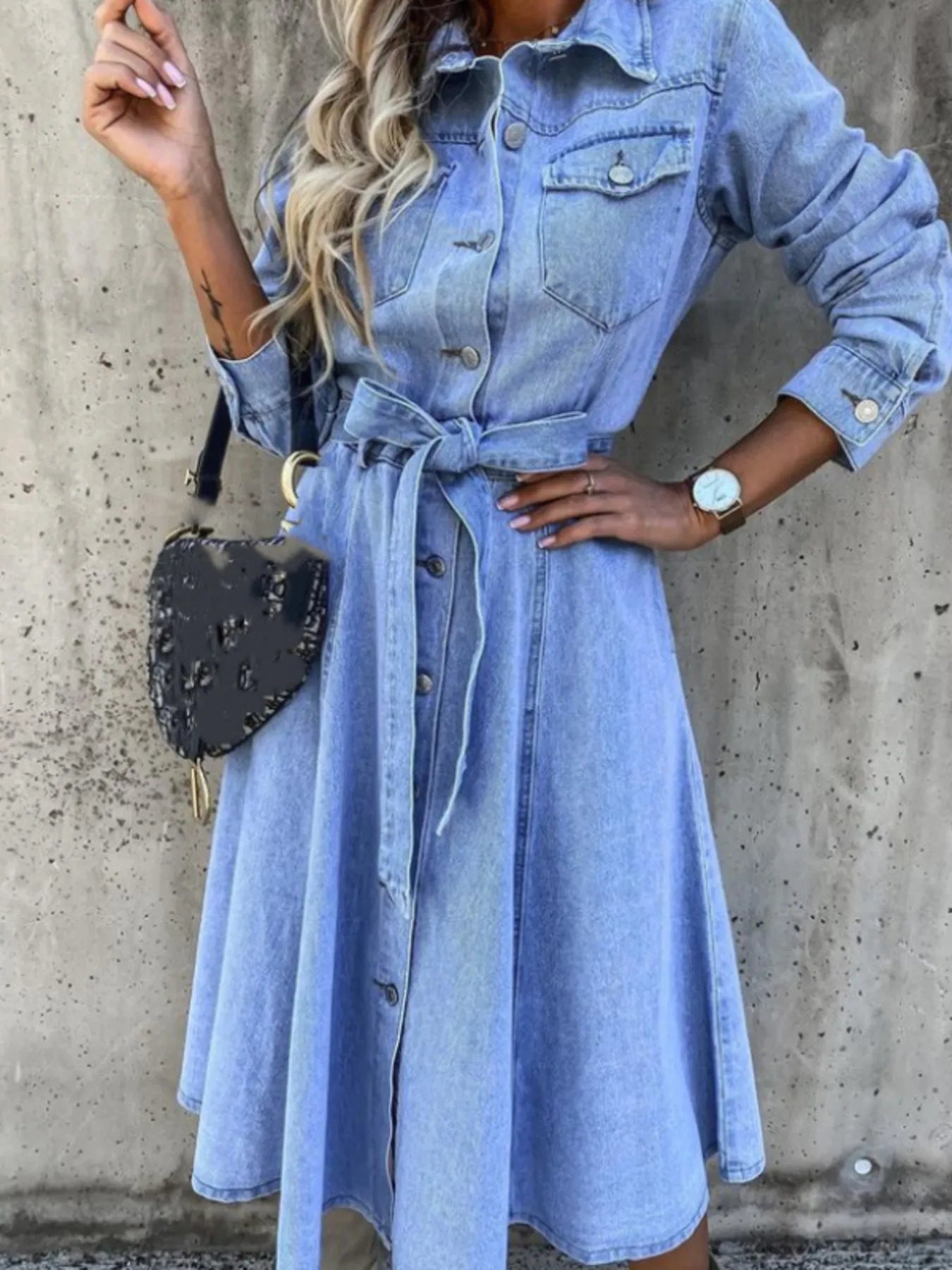 Full Size Tie Waist Button Front Denim Shirt Dress Plus Size - MAD RUFFI