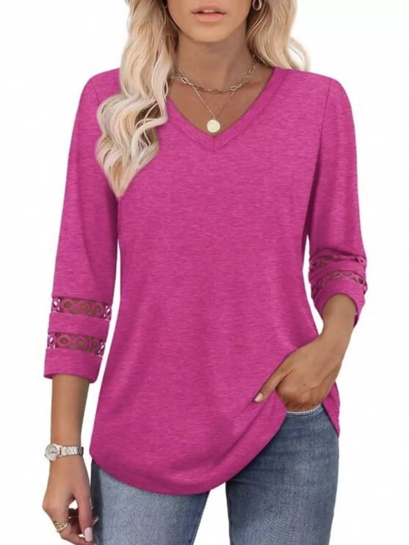 Full Size V - Neck 3/4 Sleeve T-Shirt Plus Size - MAD RUFFI